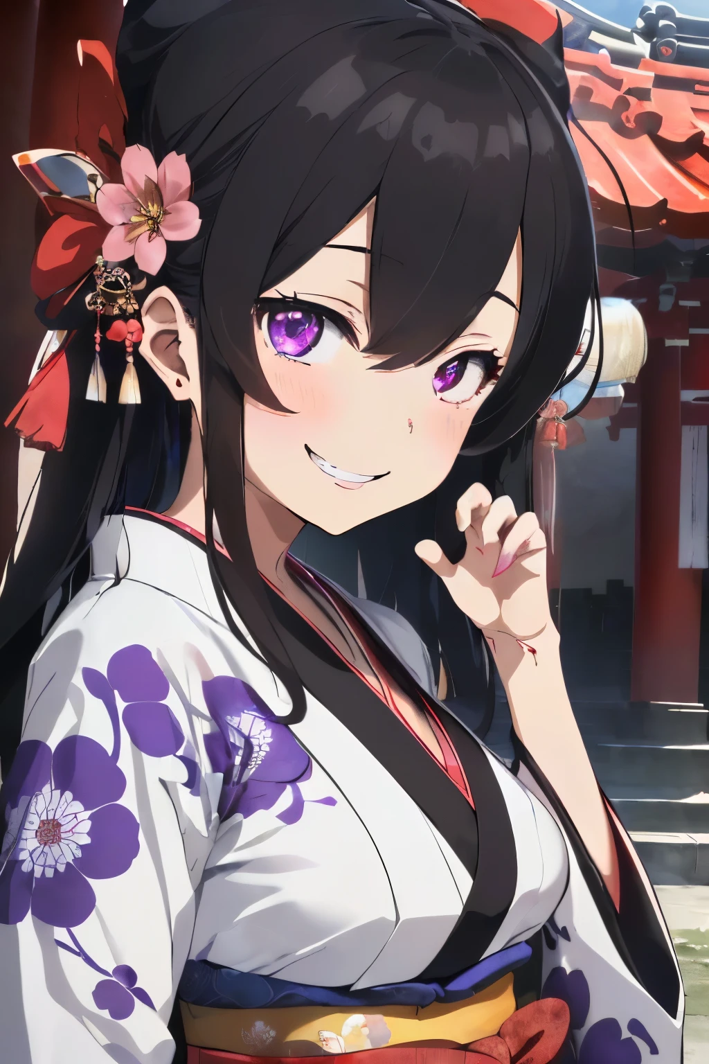 (red, black and white marble colored hair:1.2),(Straight Long Hair:1.2),(odd eye:1.55),(With bangs),(First visit to a shrine:1.25),(colourfull:1.2),(Staring at me),(Japanese pattern clothing:1.4),(accessories like flowers and crystals:1.3),(Lower breast:1.5),(Transparent double sleeve long sleeves:1.5),(Moe Sleeve:1.5),(gothic loli style kimono:1.4),(chest protruding from clothes,:1.4),(huge smile:1.3),(A smile:1.45),(kawaii pose:1.35),Slight red tide,(Kamimei),(Close-up of face 1.7),(black and red and pink and purple:1.25),(front view:1.6),(empty eyes without light:1.3),(AHE Face:1.4),(Menhera:1.4),