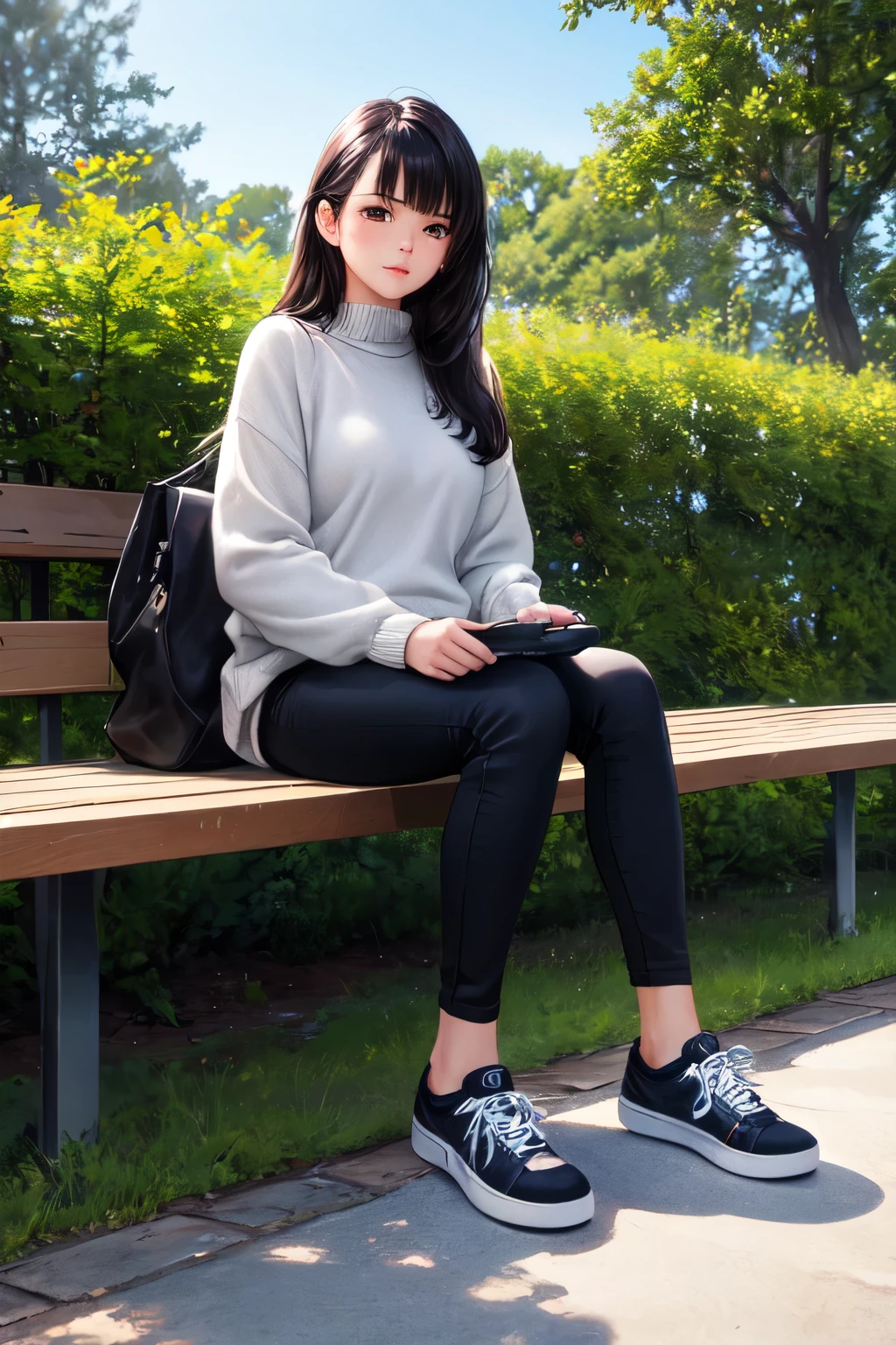 a photo, a 20 year old girl is sitting in a park, The park atmosphere is busy, cool garden, 1girls, long hair, black hair, wearing contact lenses, red contact lenses, perfect face, slim body, wearing sweaters, gray sweater, wearing pants, long pants, black trousers, wearing socks, black socks, wearing sneakers, Black sneakers, high resolution, detailed, realistic,High detailed