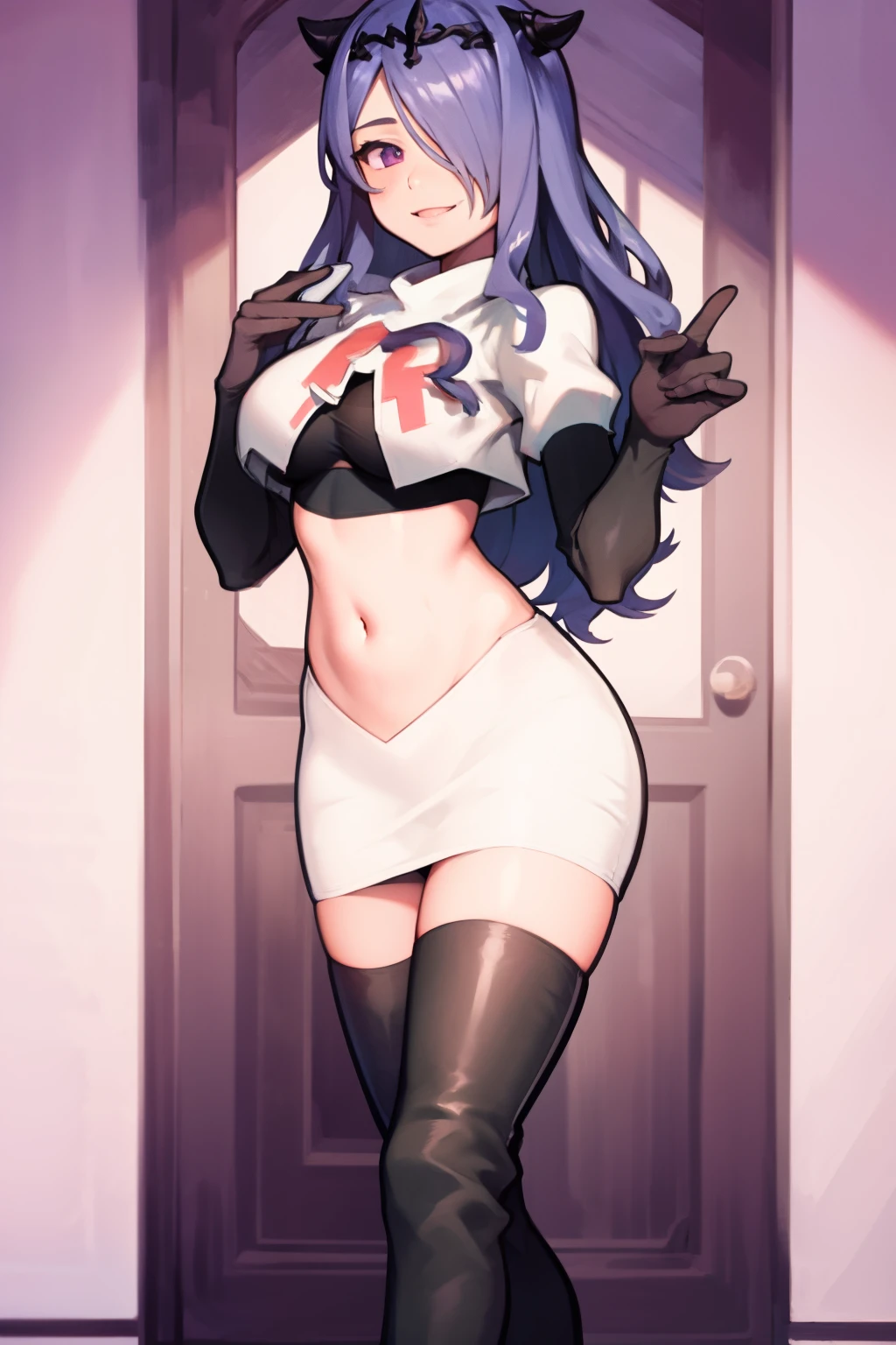 defCamilla, tiara,, team rocket uniform, red letter R, white skirt,white crop top,black thigh-high boots, black elbow gloves, smile, looking at viewer, cowboy shot,