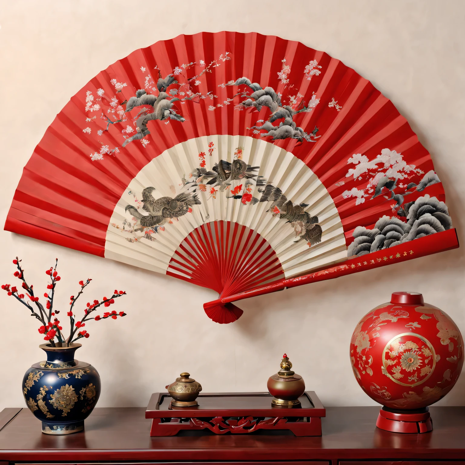 Exquisite hand-painted fan，Chinese traditional painting：1.2，Auspicious red decoration，Wish you good luck in the new year，Ancestor worship and family reunion，With the soul of the ancestors，Deep cultural heritage，