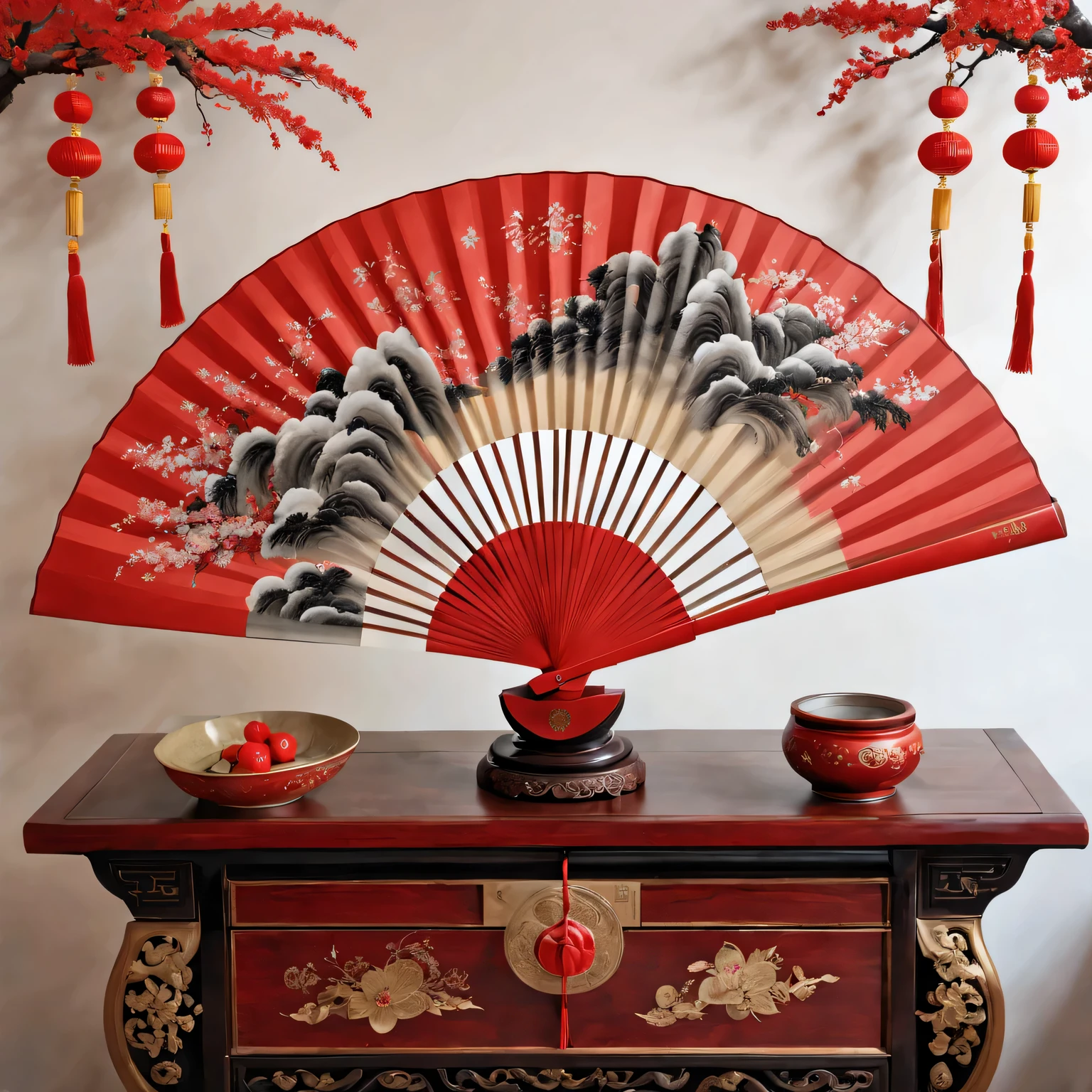 Exquisite hand-painted fan，Chinese traditional painting：1.2，Auspicious red decoration，Wish you good luck in the new year，Ancestor worship and family reunion，With the soul of the ancestors，Deep cultural heritage，