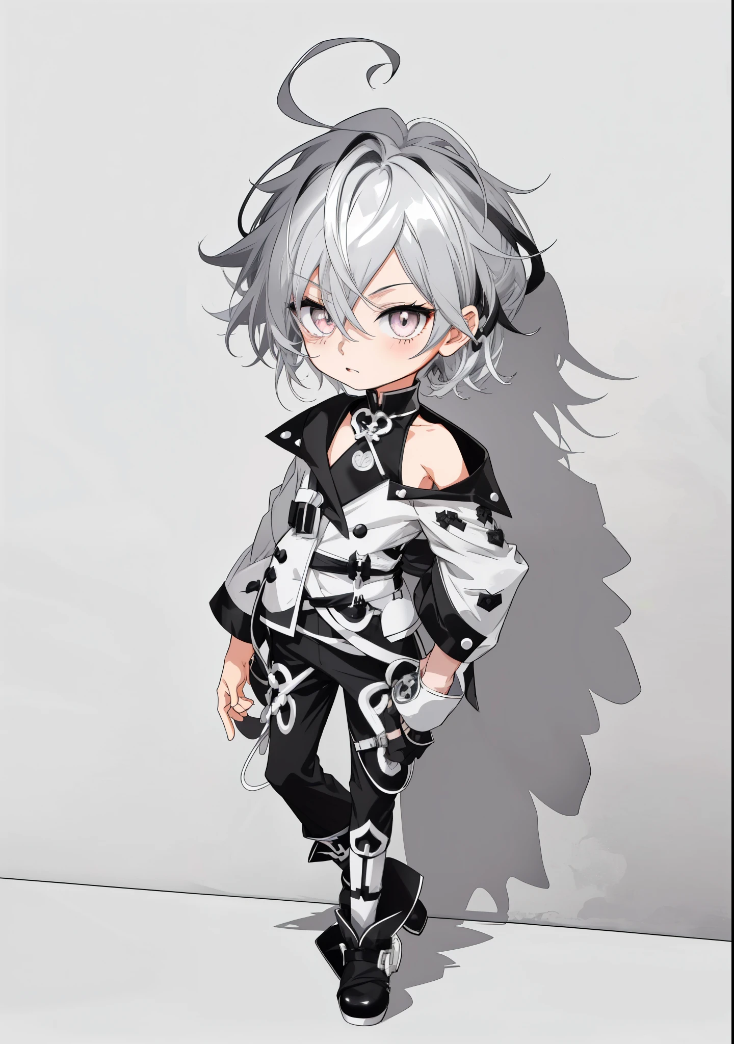 Anime character with black and white costume and black and white hair, Silver eyes, Full body, cute character, single character Full body, Full body adoptable, highly detailed Full body, he has dark grey hairs, very detailed character, clear outfit design, detailed Full body, Full body character