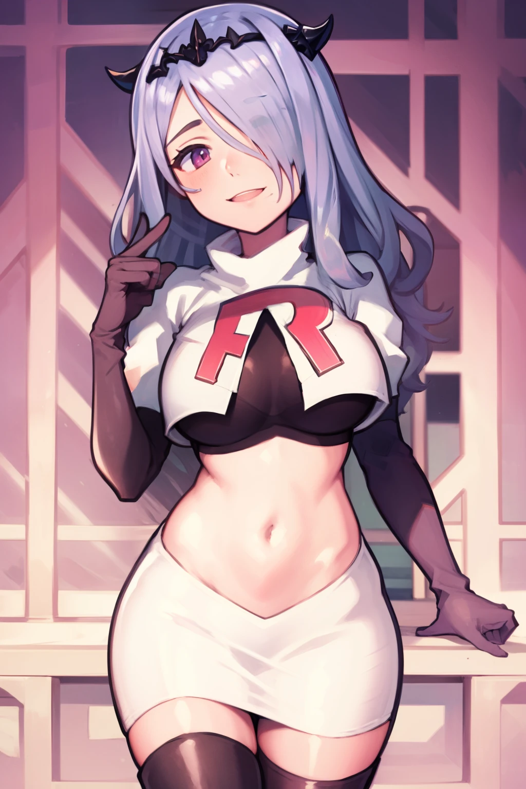 defCamilla, tiara,, team rocket uniform, red letter R, white skirt,white crop top,black thigh-high boots, black elbow gloves, smile, looking at viewer, cowboy shot,