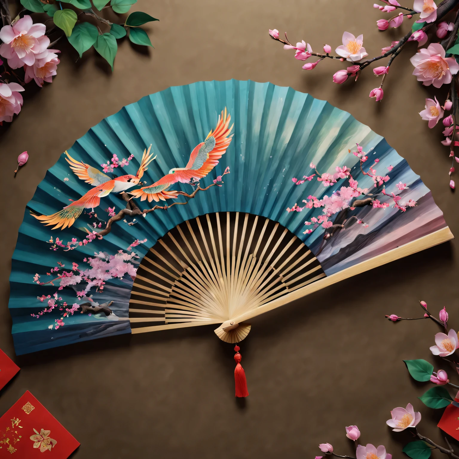 Exquisite hand-painted fan，Chinese traditional painting：1.2，beautiful spring festival，new year 2024，Colorful fireworks of the highest quality,4K,A high resolution,tmasterpiece:1.2),ultra - detailed,(actual,photoactual,photo-actual:1.37)