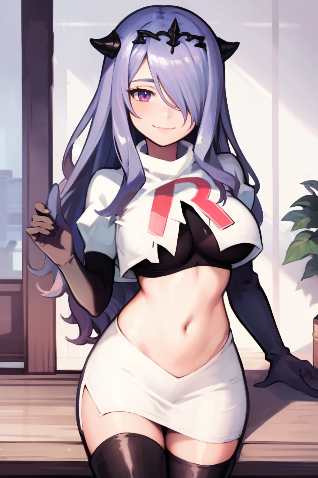 defCamilla, tiara,, team rocket uniform, red letter R, white skirt,white crop top,black thigh-high boots, black elbow gloves, smile, looking at viewer, cowboy shot,