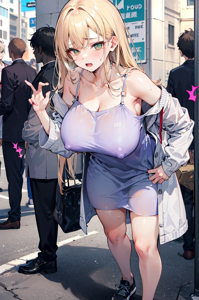 Perfect human body、1boys,1 girl、A couple、heterosexuality、 NSFW, (very highly detailed background、the street), (((man standing next to girl))),  camisole、mini-skirts、鎖骨, ((woman with fever)), ((perspiring,steamy,college aged))), Colossal tits，((The expression of coloce flushed),