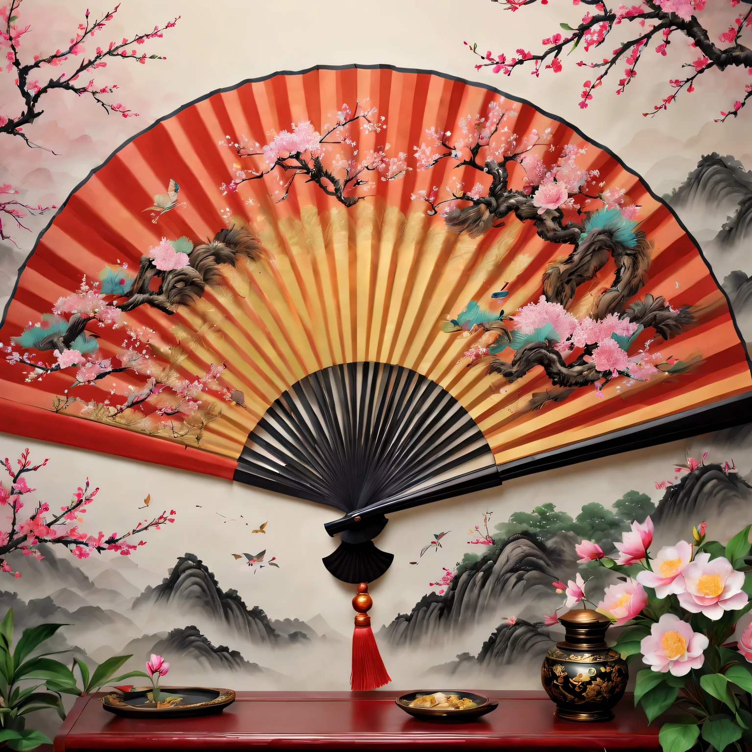 Exquisite hand-painted fan,Chinese traditional painting:1.2,beautiful spring festival,new year 2024,Colorful fireworks of the highest quality,4K,A high resolution,tmasterpiece:1.2),ultra - detailed,(actual,photoactual,photo-actual:1.37)