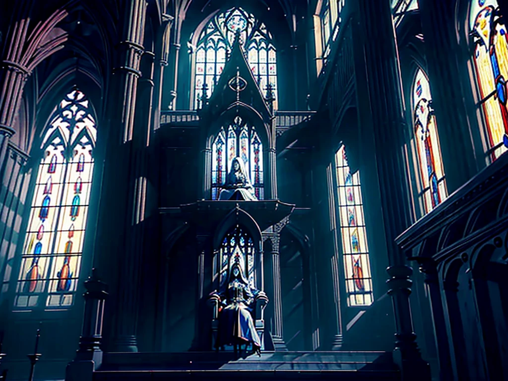 eerie queen sitting regally with a blade resting on her lap, from side, from below | low angle, dutch angle, throne room, stained-glass window at the back, tall archways, raised throne on raised platform, throne on dais, lightrays coming through the windows