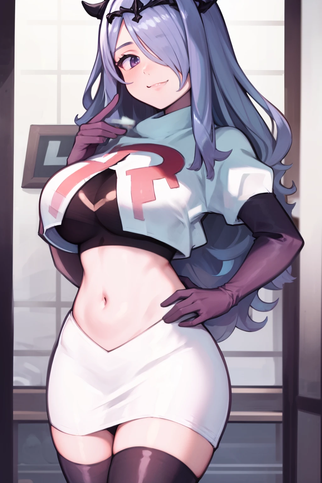 defCamilla, tiara,, team rocket uniform, red letter R, white skirt,white crop top,black thigh-high boots, black elbow gloves, smile, looking at viewer, cowboy shot,