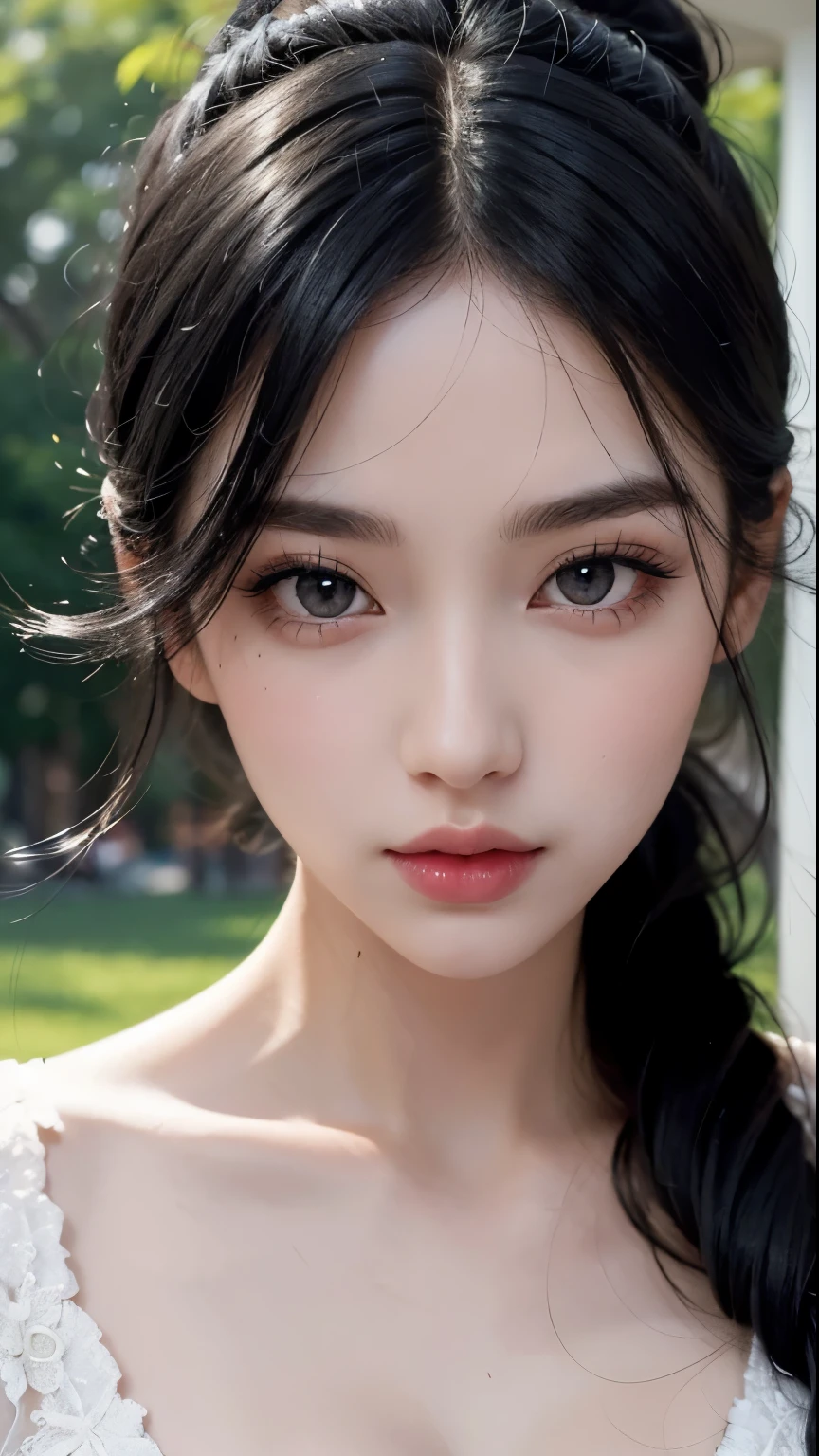 Beautiful girl, long, black hair. Big black eyes, wide eyelashes, beautiful pale lips, lip gloss, she is extremely beautiful, masterpiece, perfect face, beautiful eyes, detailed, focus on her face and her eyes. Delicate body, beautiful clothes.