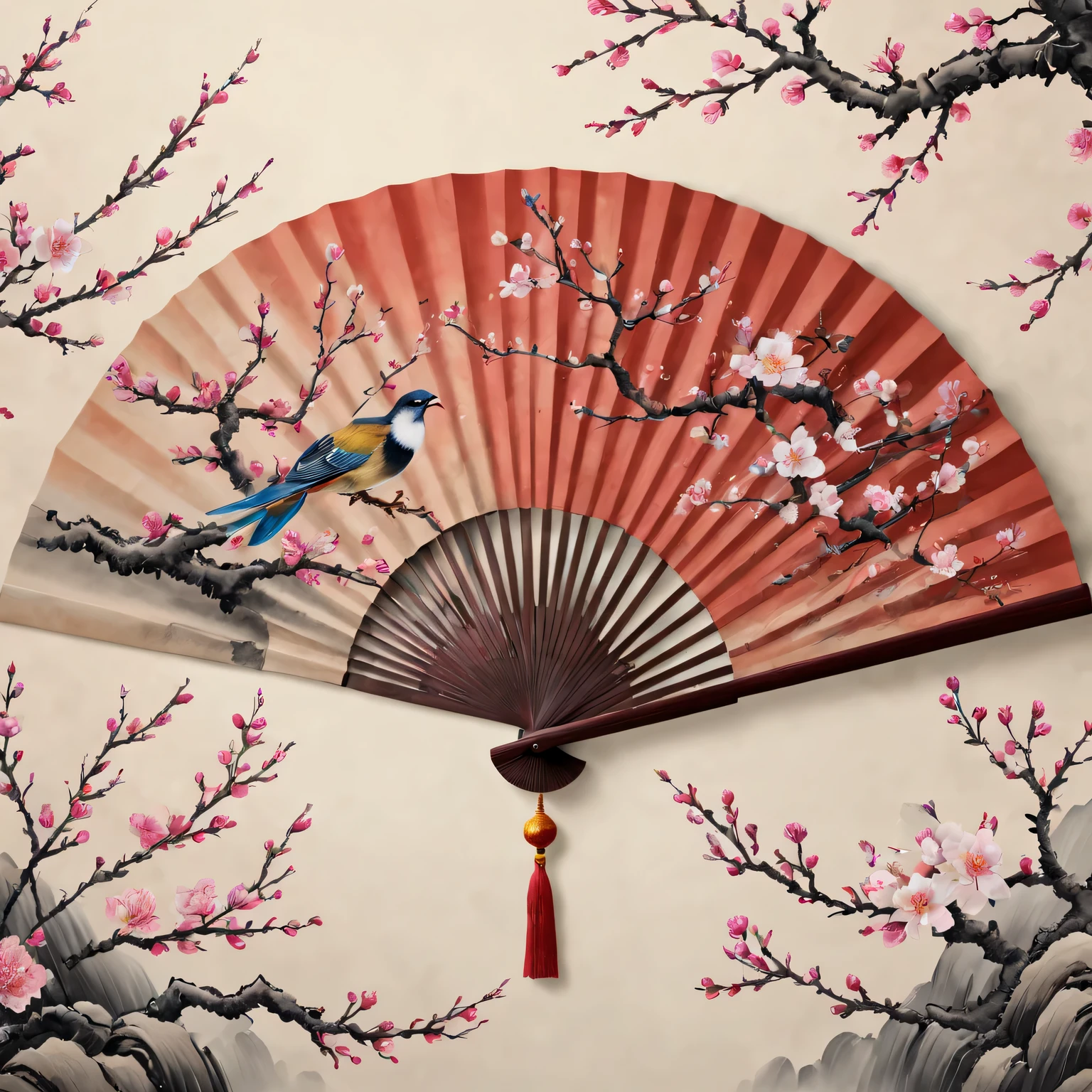 Exquisite hand-painted fan,Chinese traditional painting:1.2,beautiful spring festival,new year 2024,Colorful plum blossoms of the highest quality,4K,A high resolution,tmasterpiece:1.2),ultra - detailed,(actual,photoactual,photo-actual:1.37)