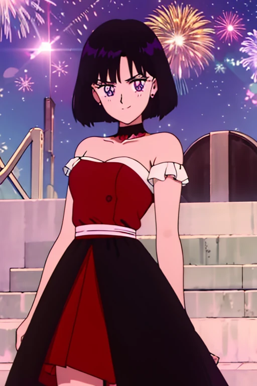 Best quality, masterpiece, Teenager, Hotaru Tomoe, Short Hair, Black Hair, Bob Hair, Bob Haircut, Purple Eyes, Smile, Bare Neck, Bare Arms, Bare Shoulders, Black Dress, Strapless Red and Black Dress, Red Lace Off-shoulder top, Red Ruffle Off-the-Shoulder Top, Black Long Skirt, Outside the Mansion, Staircase, New Years Eve, Looking at You, Night, Stars