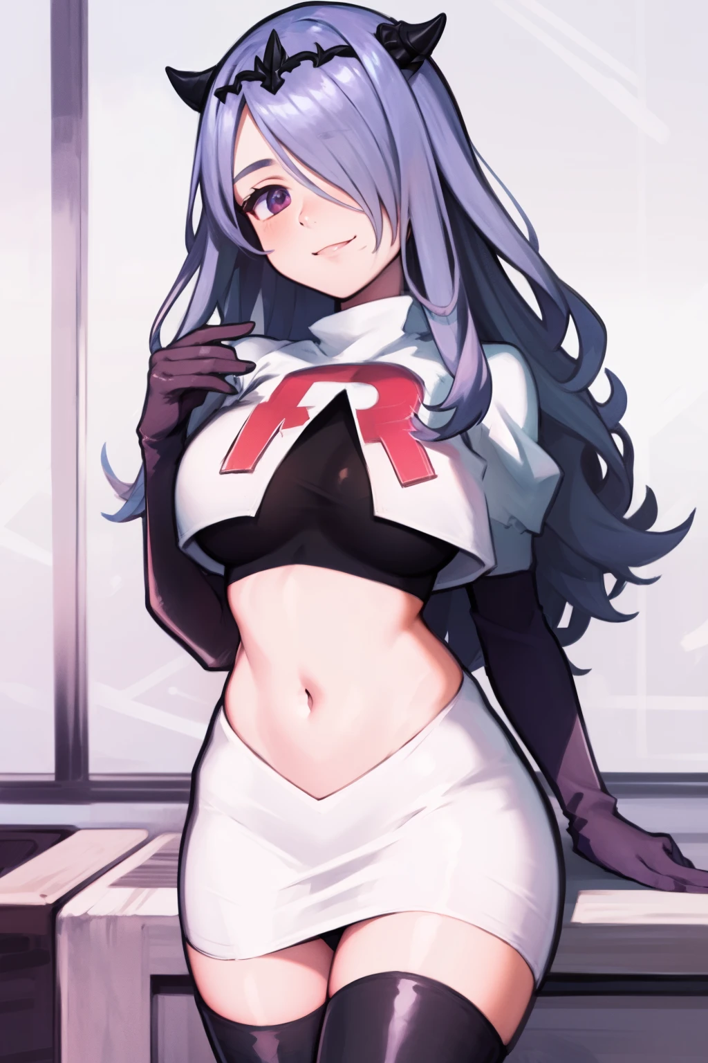 defCamilla, tiara,, team rocket uniform, red letter R, white skirt,white crop top,black thigh-high boots, black elbow gloves, smile, looking at viewer, cowboy shot,