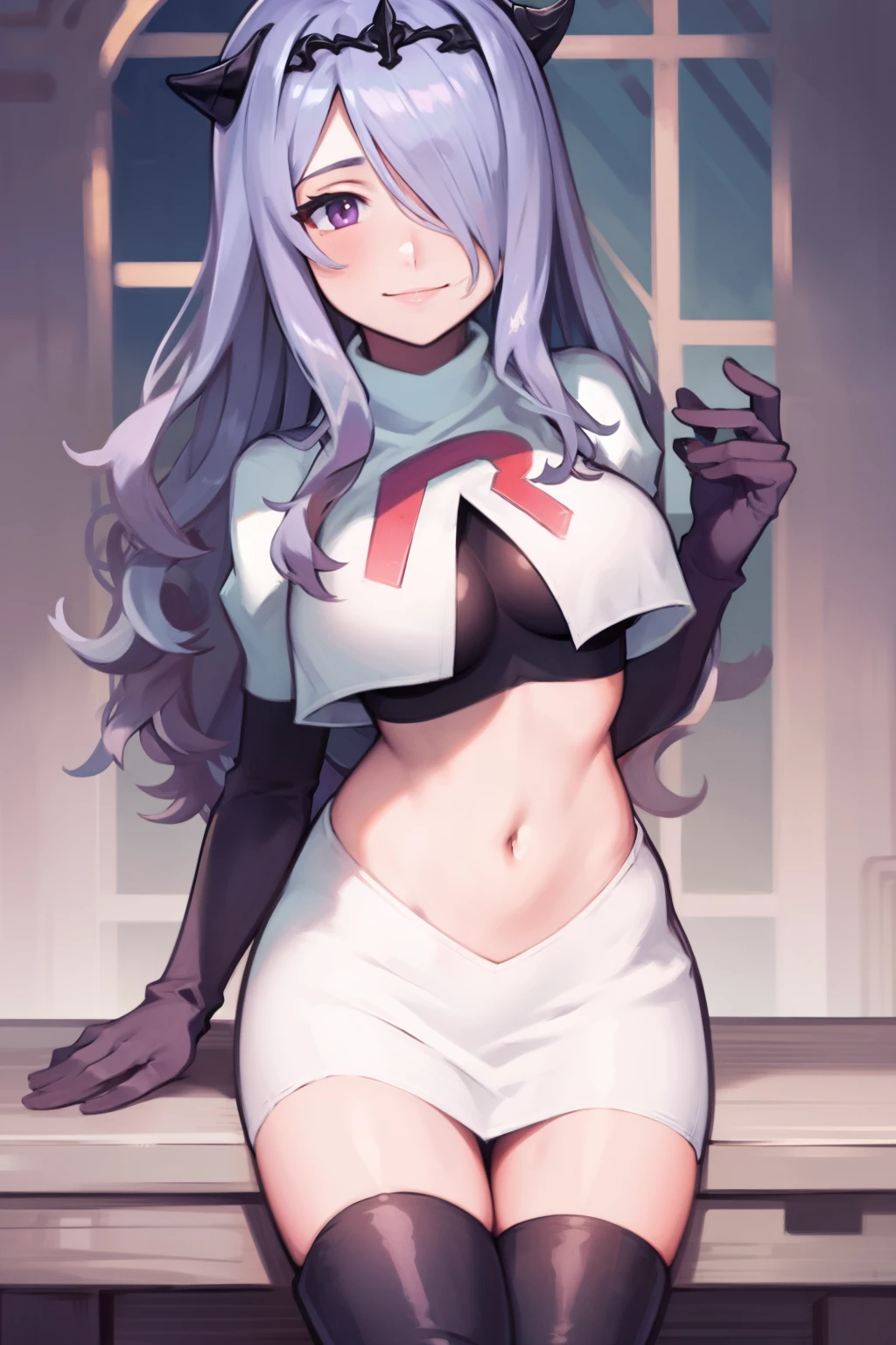 defCamilla, tiara,, team rocket uniform, red letter R, white skirt,white crop top,black thigh-high boots, black elbow gloves, smile, looking at viewer, cowboy shot,