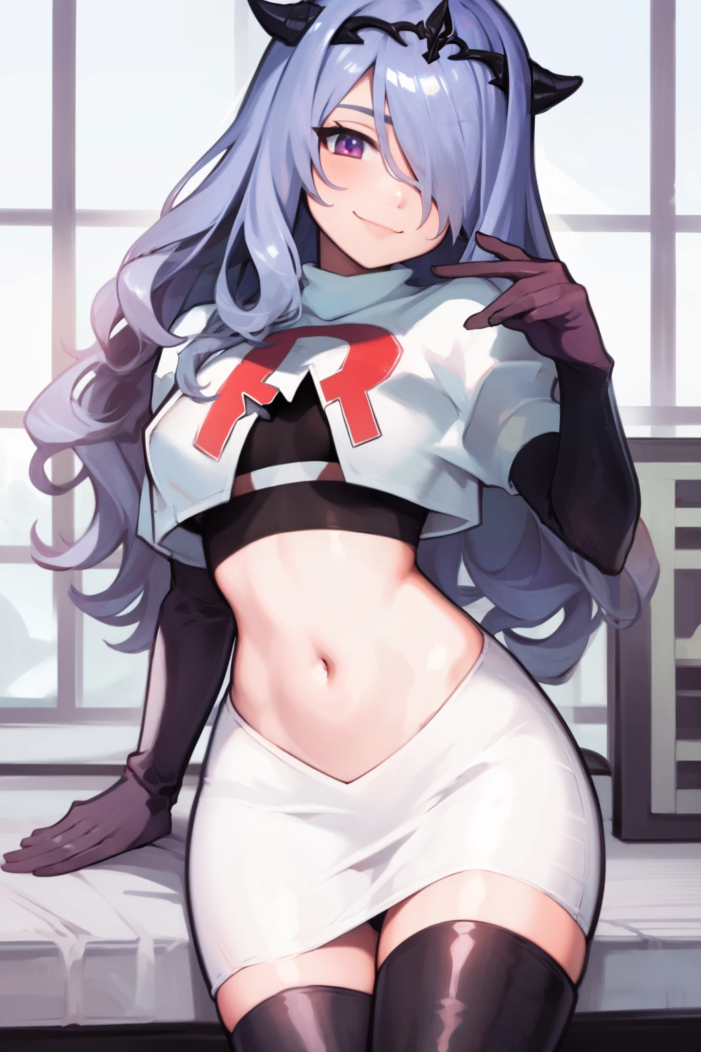 defCamilla, tiara,, team rocket uniform, red letter R, white skirt,white crop top,black thigh-high boots, black elbow gloves, smile, looking at viewer, cowboy shot,