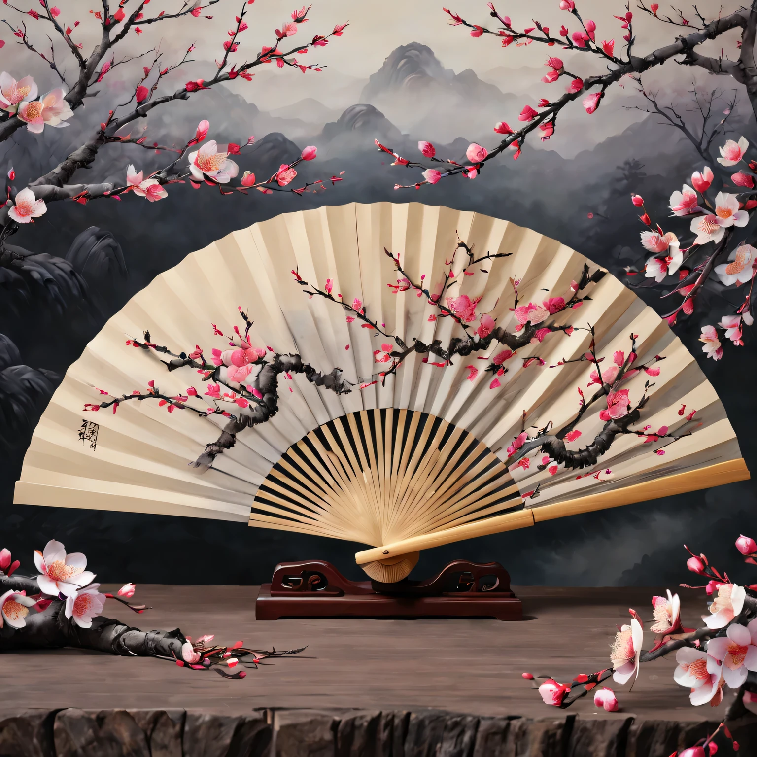 Exquisite hand-painted fan,Chinese traditional painting:1.2,beautiful spring festival,new year 2024,Colorful plum blossoms of the highest quality,4K,A high resolution,tmasterpiece:1.2),ultra - detailed,(actual,photoactual,photo-actual:1.37)