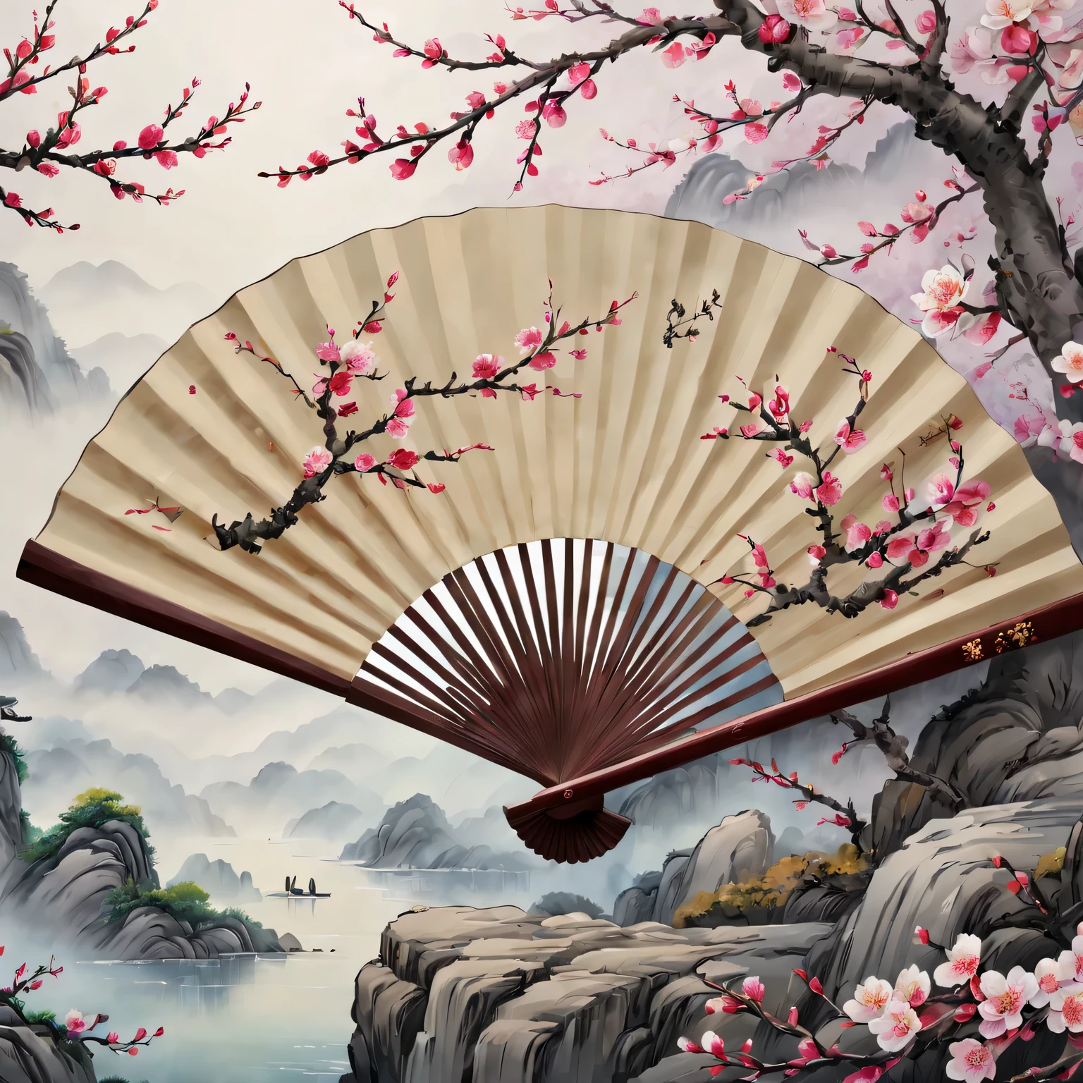 Exquisite hand-painted fan，Chinese traditional painting：1.2，beautiful spring festival，new year 2024，Colorful plum blossoms of the highest quality,4K,A high resolution,tmasterpiece:1.2),ultra - detailed,(actual,photoactual,photo-actual:1.37)