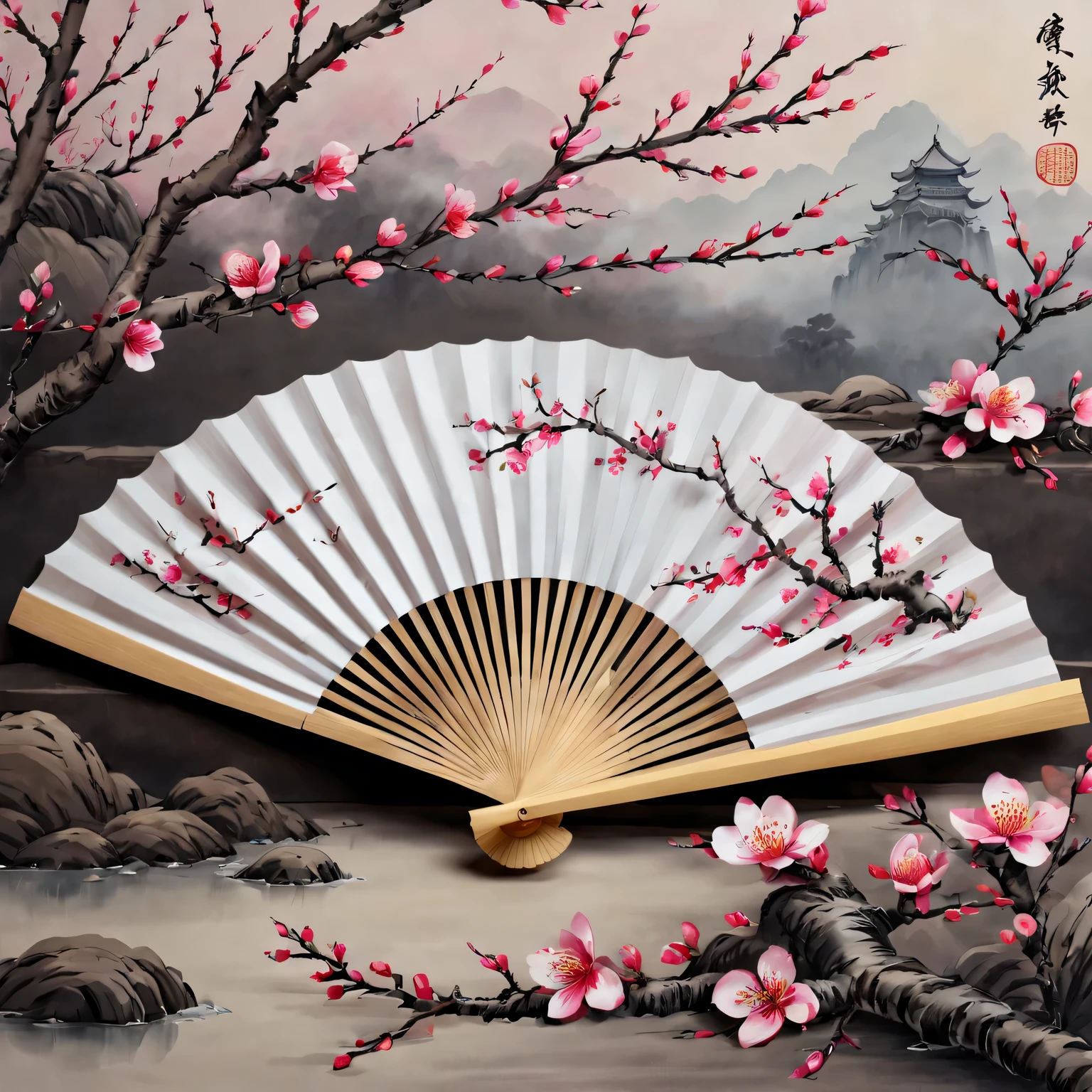 Exquisite hand-painted fan，Chinese traditional painting：1.2，beautiful spring festival，new year 2024，Colorful plum blossoms of the highest quality,4K,A high resolution,tmasterpiece:1.2),ultra - detailed,(actual,photoactual,photo-actual:1.37)