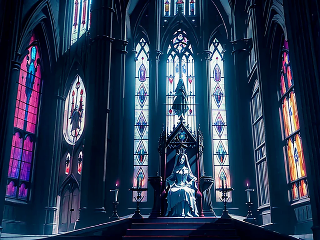 eerie queen sitting regally with a blade resting on her lap, from side, from below | low angle, dutch angle, throne room, stained-glass window at the back, tall archways, raised throne on raised platform, throne on dais, lightrays coming through the windows