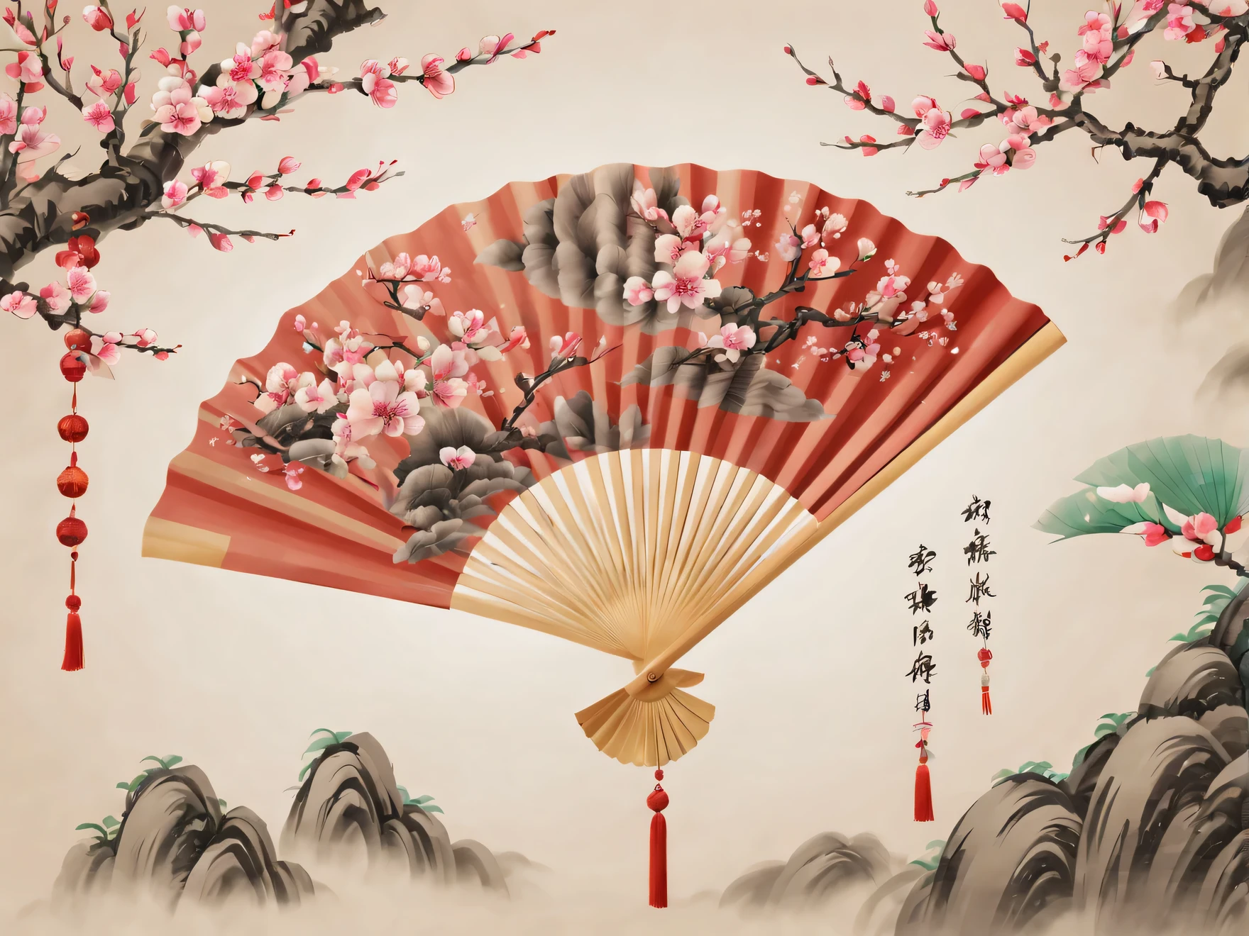 Exquisite hand-painted fan,Chinese traditional painting:1.2,beautiful spring festival,new year 2024,Colorful plum blossoms of the highest quality,4K,A high resolution,tmasterpiece:1.2),ultra - detailed,(actual,photoactual,photo-actual:1.37)