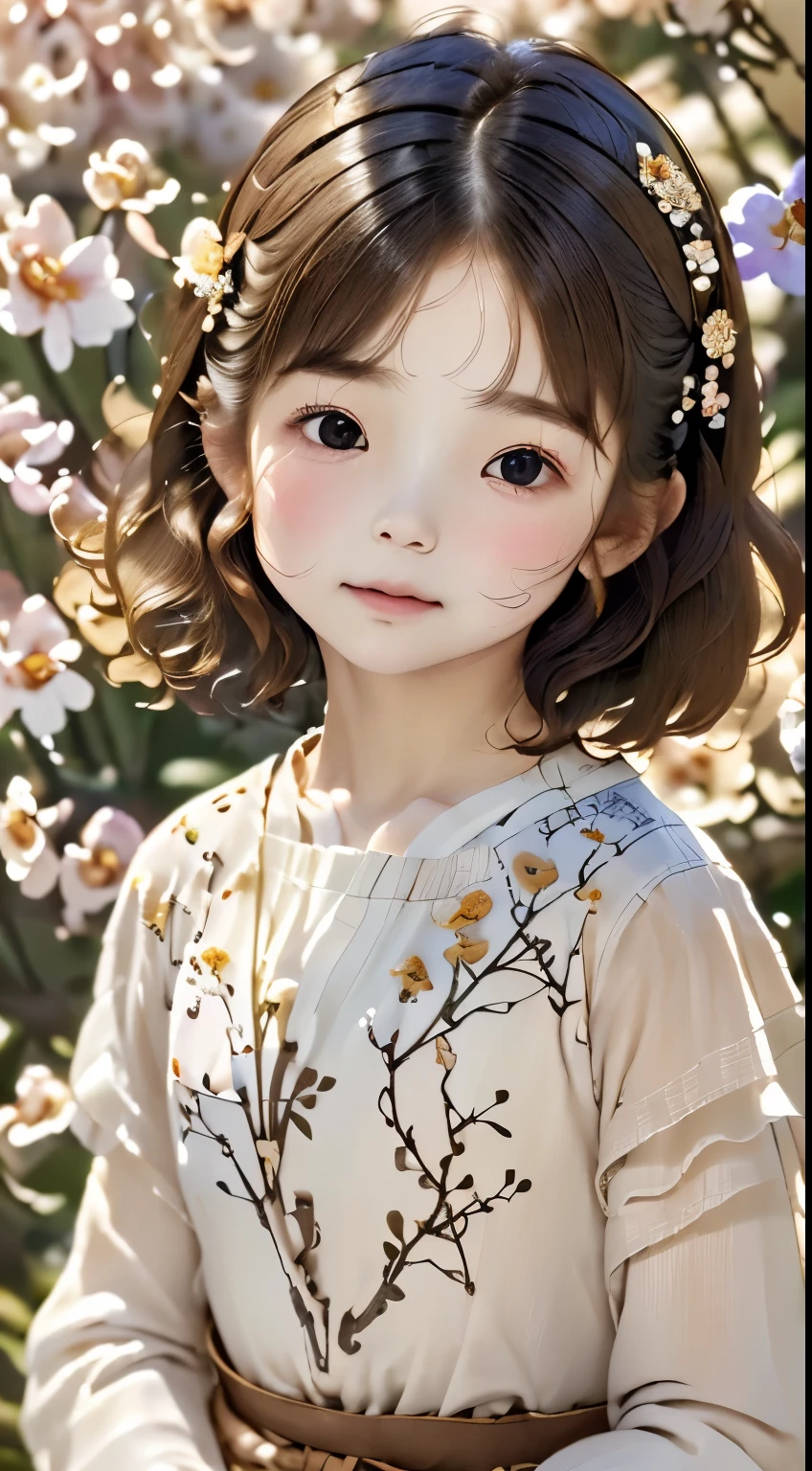 Cute little girl s、parfect anatomy、Painterly、sketch、Texture、独奏、A highly detailed、(Fractal Art:1.1)、(gentle shades:1.1)、(florals:1.6)、The most detailed、(Zentangle:1.2)、(Dynamic Poses)、(Abstract background:1.3)、(shinny skin)、(Many colors:0.8)、、(耳环:1.4)、(pluma:0.9)、Taisho romance,(​masterpiece、top-quality、top-quality、Official art、Beautifully Aesthetic:1.2)、