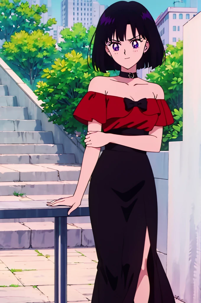 Best quality, masterpiece, r, Hotaru Tomoe, Short Hair, Black Hair, Bob Hair, Bob Haircut, Beautiful Detailed Eyes, Purple Eyes, Light Smile, Bare Neck, Bare Arms, Bare Shoulders, Black Dress, Strapless Red and Black Dress, Red Lace Off-shoulder top, Red Ruffle Off-the-Shoulder Top, Black Long Skirt, Outside the Mansion, Staircase, New Years Eve, Looking at You, Night,Hotaru Tomoe, short hair