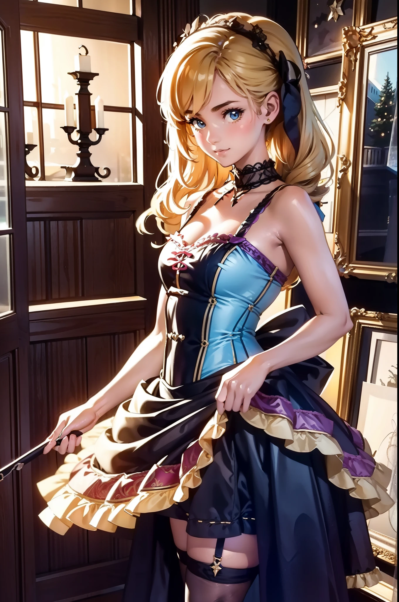 exceptionally detailed RAW color photo, Virginia Otis in a sexy Victorian dress, SEXY AND DYNAMIC POSE, Pixar style, In the style of bright 3D objects, She has a cartoon smile, tanned skin and rosy cheeks, Blonde hair, spines , very very curly Blonde hair, Inside the 1887 tavern near the Christmas tree, Iridescence/milkyW, Glitter, highly detailed photorealistic, 16k -- Expressive style - -niji 5 (matrix) amazingly realistic shadows, ( Very detailed background plan: 1.2), artistic pictures of the most beautiful day、((proudly lift the skirt、No underwear、raise her legs))