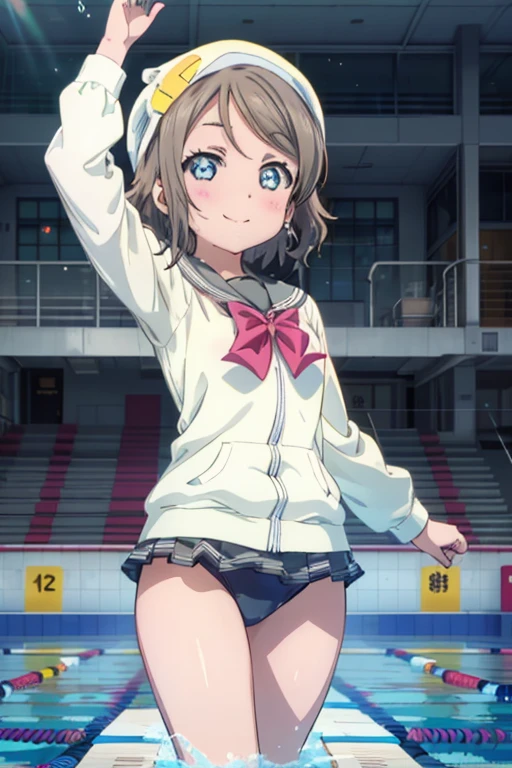 (((pixel perfect, Detail Perfect))), Solo, 1girl in, Yo Watanabe, uranohoshi school uniform, bowtie, Looking at Viewer, a smile，Happy atmosphere，Competitive swimsuit，Swimming cap and goggles in left hand，Where the pool is，Diving board，Outdoor pool，