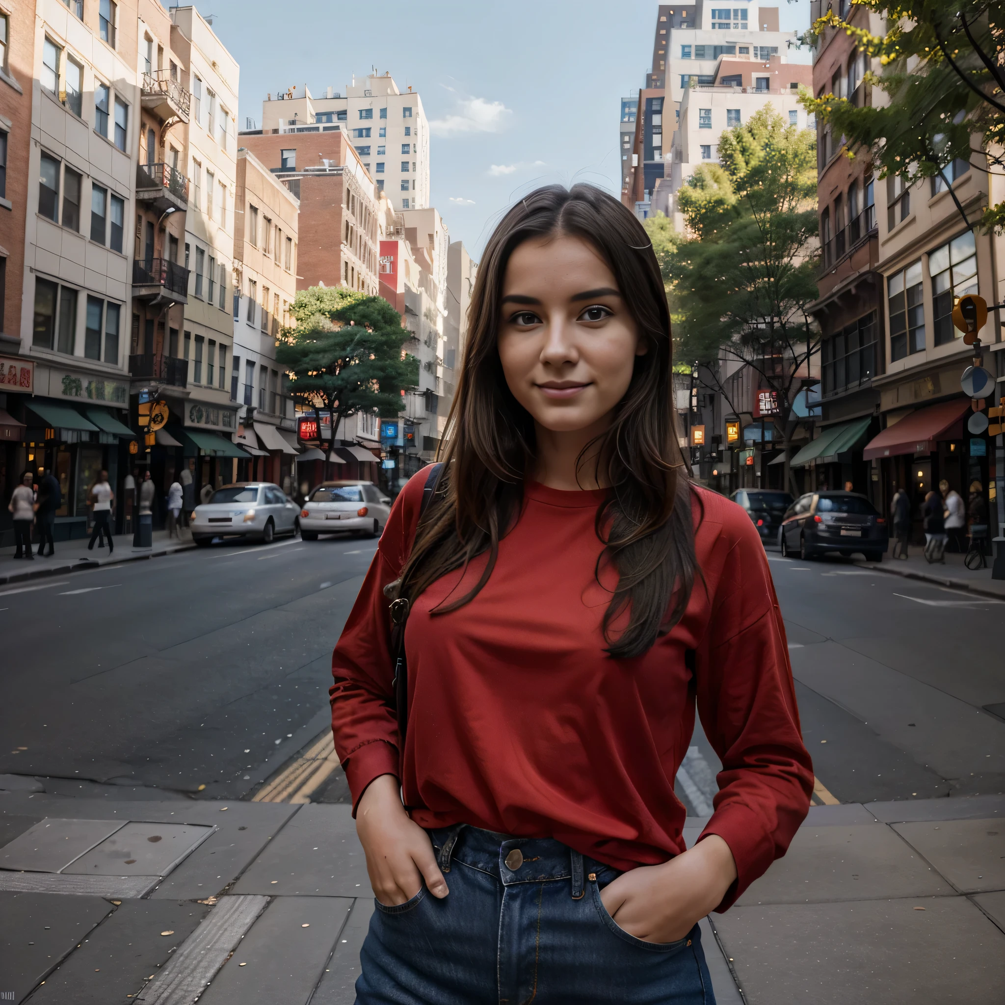 a girl, 23 years, vistiendo una camisa roja y jeans azules,gaze at the camera, simetric face,buen escote, escote, sonrisa ligera, Desde las bulliciosas calles de Chinatown hasta la serena belleza de Central Park, Nueva York es una ciudad de contrastes. Use your stylistic rendering skills to show the diverse and dynamic nature of this city., de su gente a su arquitectura, 4k, Disco duro