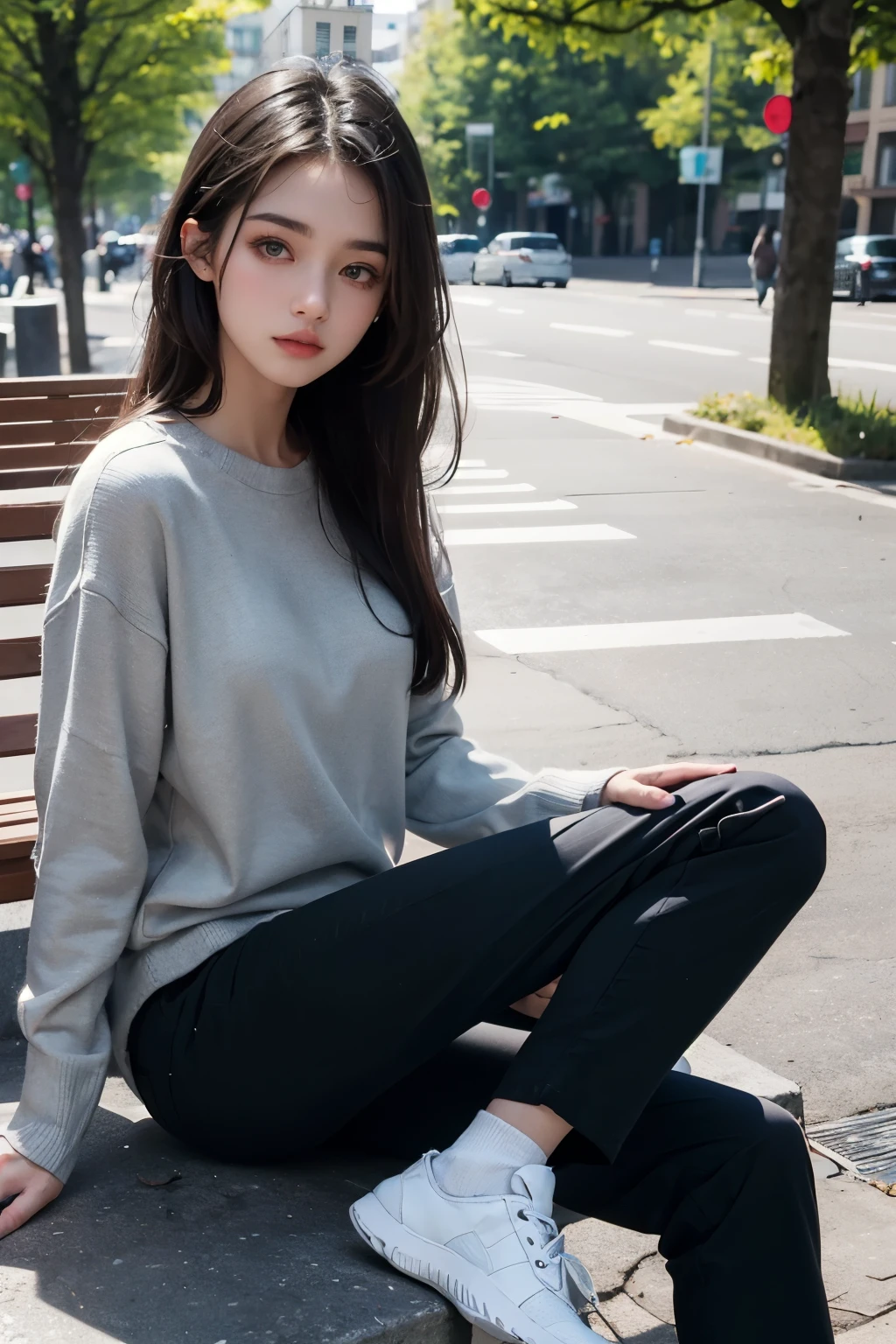 a photo, a 20 year old girl is sitting in a park, The park atmosphere is busy, cool garden, 1girls, long hair, black hair, wearing contact lenses, red contact lenses, perfect face, slim body, wearing sweaters, gray sweater, wearing pants, long pants, black trousers, wearing socks, black socks, wearing sneakers, Black sneakers, high resolution, detailed, realistic,High detailed