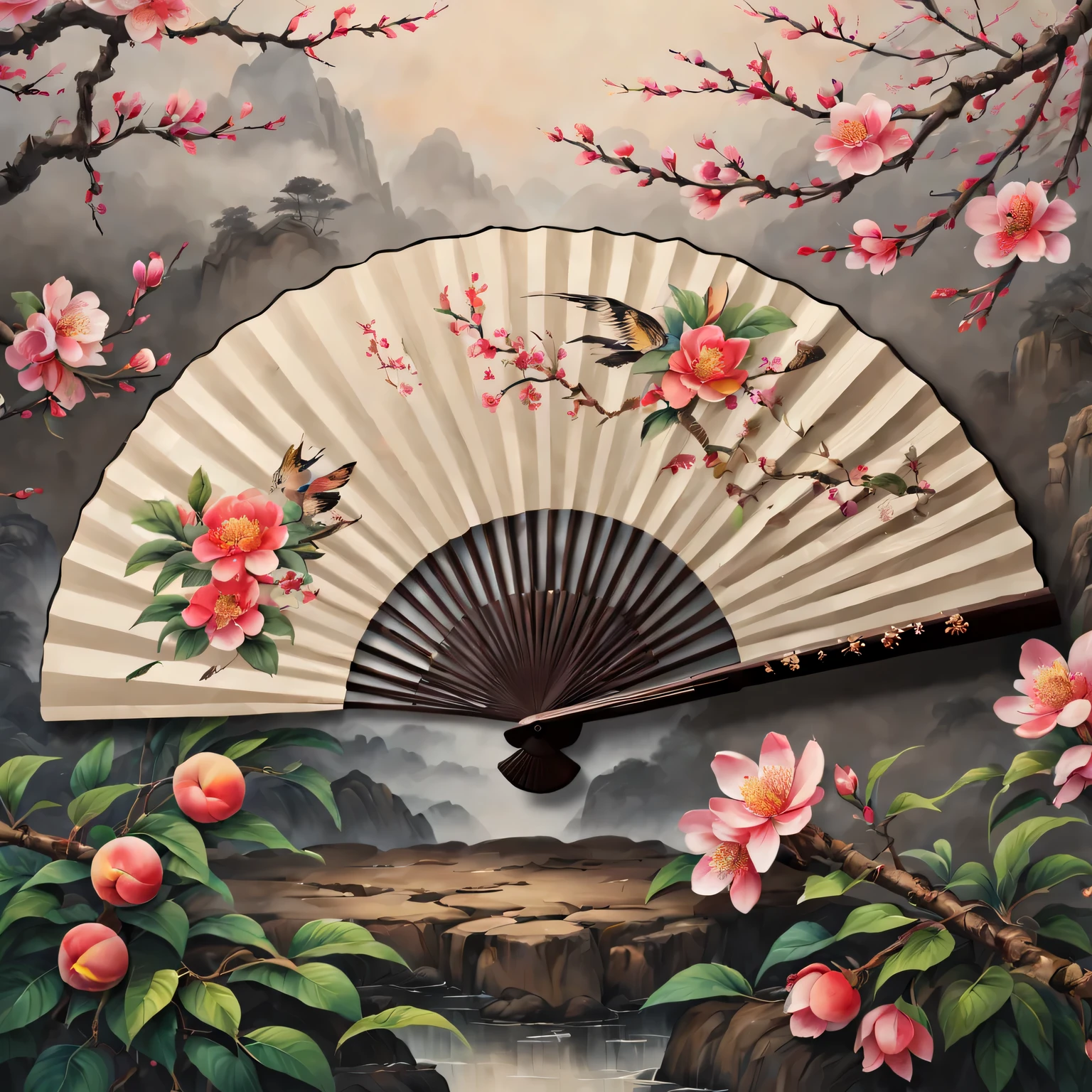 Exquisite hand-painted fan,Chinese traditional painting:1.2,beautiful spring festival,new year 2024,Auspicious red decoration,Wish you good luck in the new year,Ancestor worship and family reunion,With the soul of the ancestors,Deep cultural heritage,Colorful peach blossoms of the highest quality,4K,A high resolution,tmasterpiece:1.2),ultra - detailed,(actual,photoactual,photo-actual:1.37)