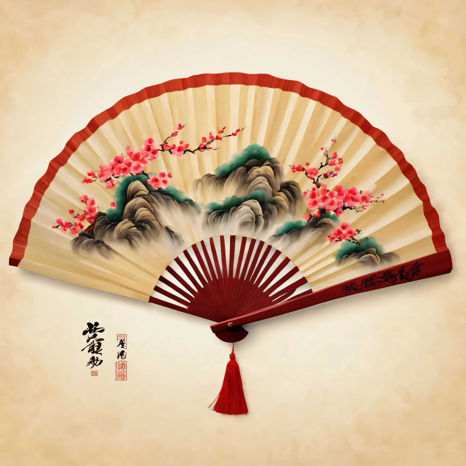 Exquisite hand-painted fan,Chinese traditional painting:1.2,beautiful spring festival,new year 2024,Auspicious red decoration,Wish you good luck in the new year,Ancestor worship and family reunion,With the soul of the ancestors,Deep cultural heritage,Colorful peach blossoms of the highest quality,4K,A high resolution,tmasterpiece:1.2),ultra - detailed,(actual,photoactual,photo-actual:1.37)