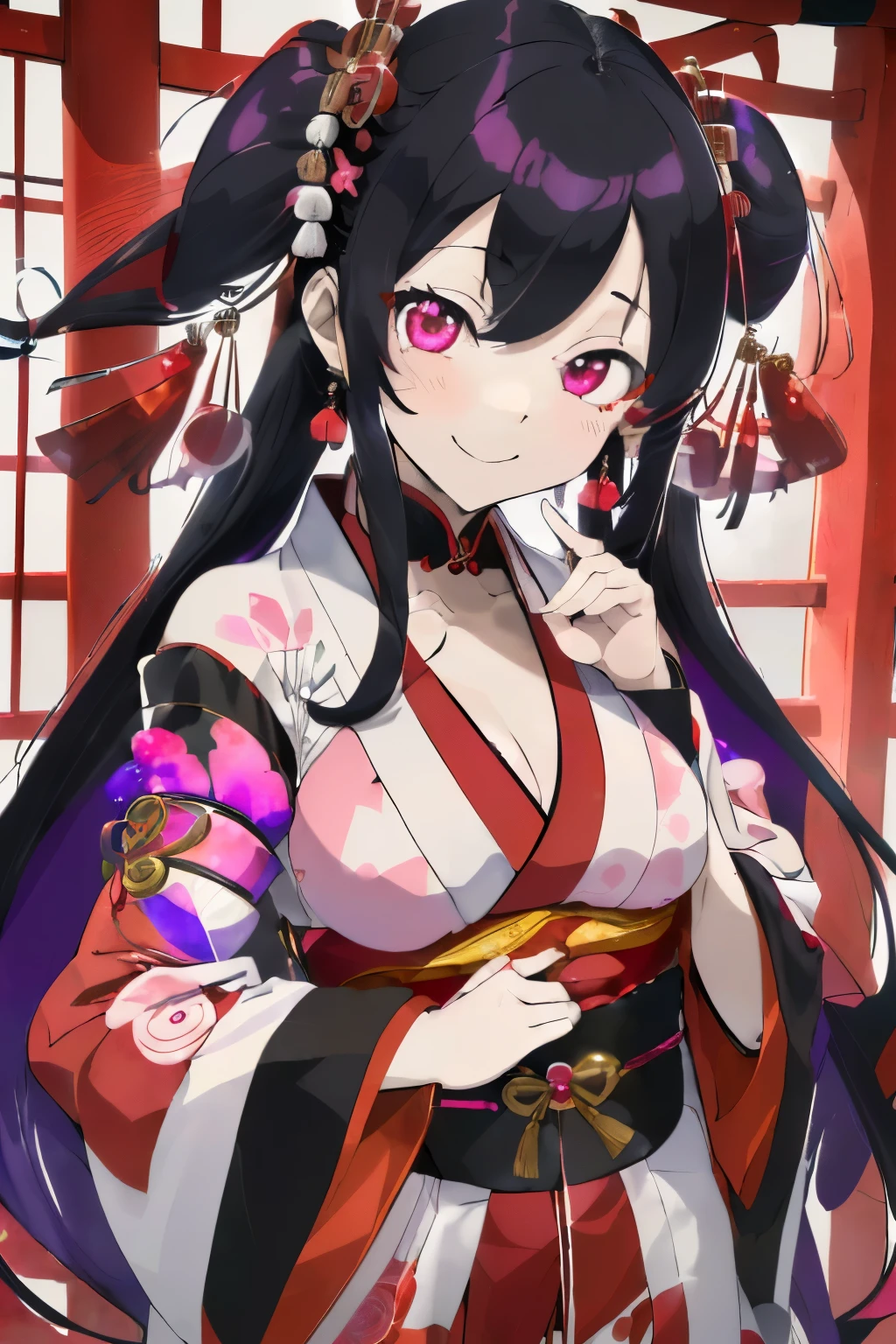 (red, black and white marble colored hair:1.2),(Straight Long Hair:1.2),(odd eye:1.55),(With bangs),(First visit to a shrine:1.25),(colourfull:1.2),(Staring at me),(Japanese pattern clothing:1.4),(accessories like flowers and crystals:1.3),(Lower breast:1.5),(Transparent double sleeve long sleeves:1.5),(Moe Sleeve:1.5),(gothic loli style kimono:1.4),(chest protruding from clothes,:1.4),(huge smile:1.3),(A smile:1.45),(kawaii pose:1.35),Slight red tide,(Kamimei),(Close-up of face 1.7),(black and red and pink and purple:1.25),(front view:1.6),(empty eyes without light:1.3),(AHE Face:1.4),(Menhera:1.4),