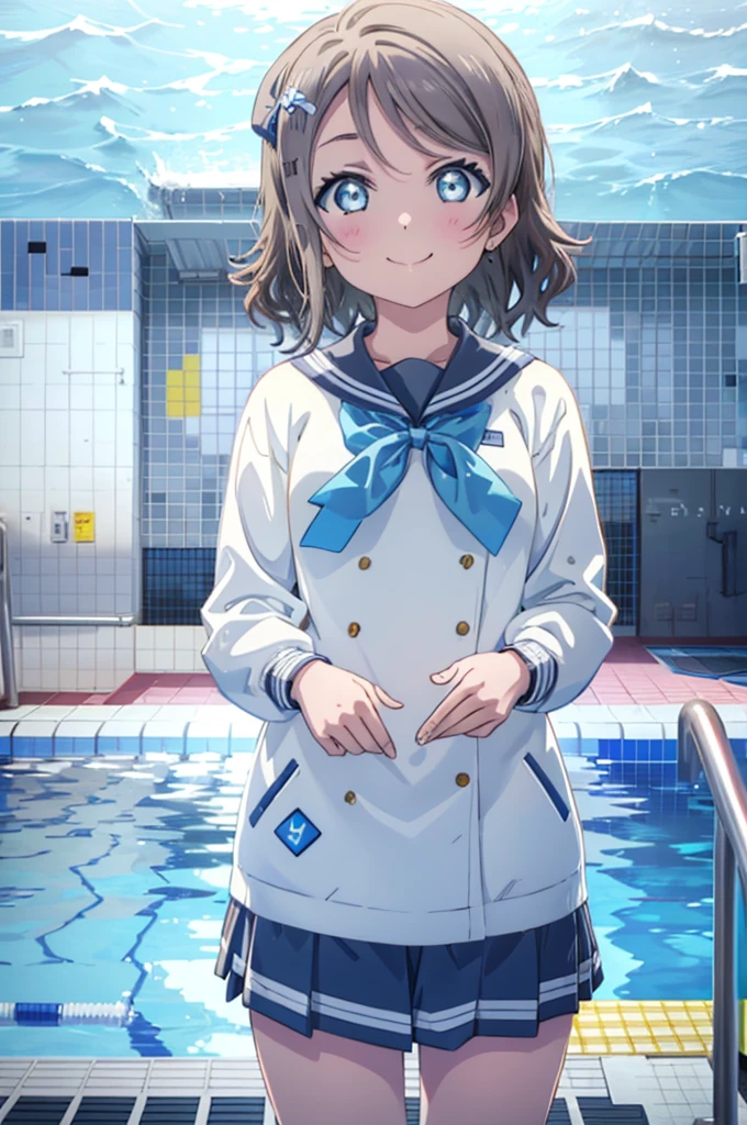 (((pixel perfect, Detail Perfect))), Solo, 1girl in, Yo Watanabe, bowtie, Looking at Viewer, a smile，Happy atmosphere，Competitive swimsuit，Where the pool is，Diving board，Outdoor pool，