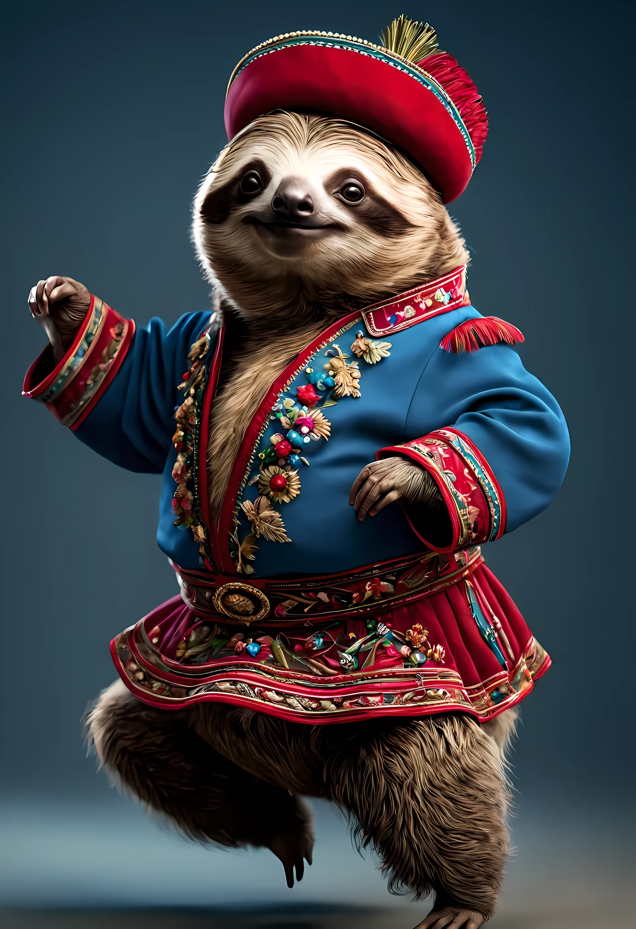 photorealistic portrait of Dressed animals - a fat  baby sloth cossack dancer,(cossack dancing dynamic action pose),  high quality,(lovely) ,intricate details, highly detailed ((cossack dance costume)) ,highly detailed decorations,, (happy), studio lighting,(full body image:1.5)