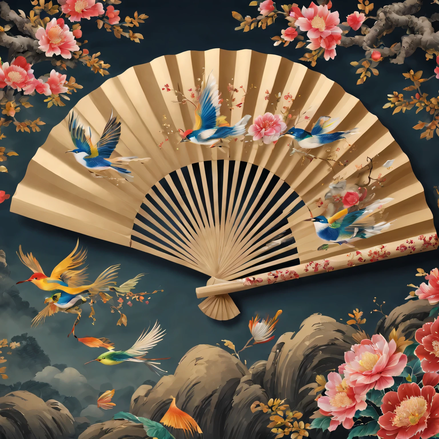 Exquisite hand-painted fan,Chinese traditional painting:1.2,beautiful spring festival,new year 2024,Colorful fireworks of the highest quality,4K,A high resolution,tmasterpiece:1.2),ultra - detailed,(actual,photoactual,photo-actual:1.37)
