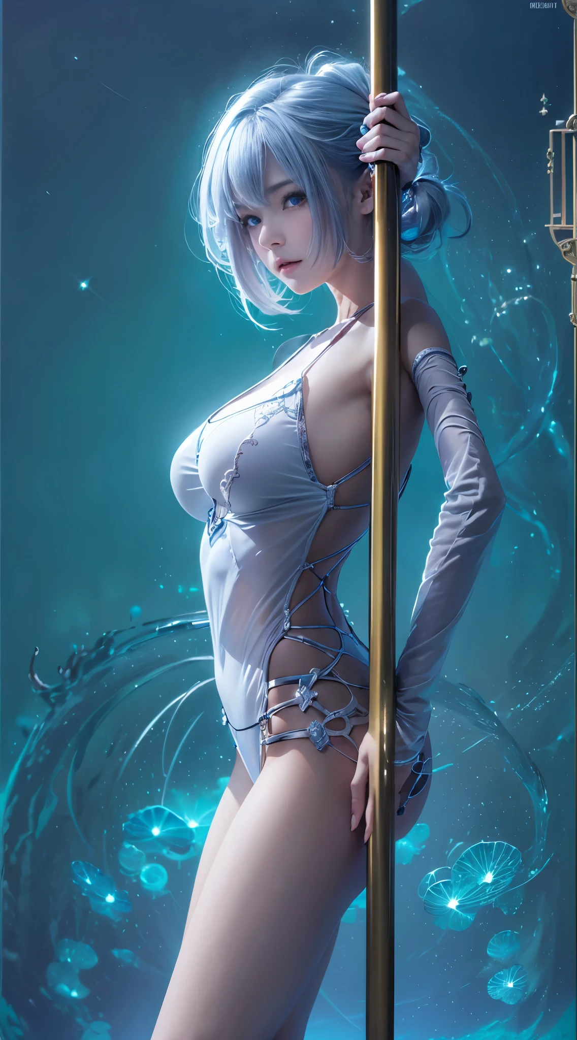 ((realisitic))、(masutepiece, Best Quality:1.5), Fractal Art, Silver Shorthair, Blue eyes, Spotlight, Sexy Pose, Beautiful girl doing pole dancing,