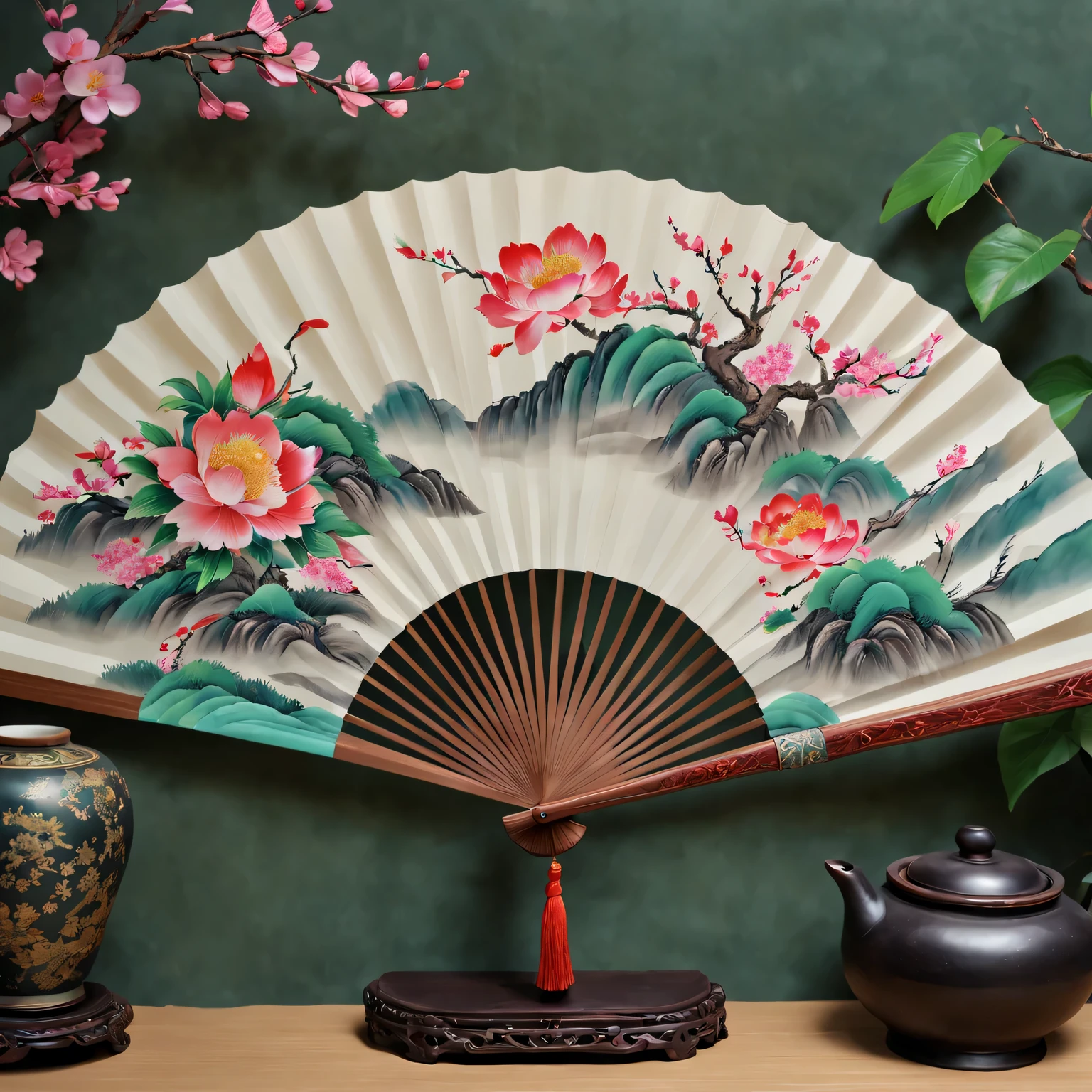 Exquisite hand-painted fan，Chinese traditional painting：1.2，beautiful spring festival，new year 2024，Colorful flower quality,4K,A high resolution,tmasterpiece:1.2),ultra - detailed,(actual,photoactual,photo-actual:1.37)
