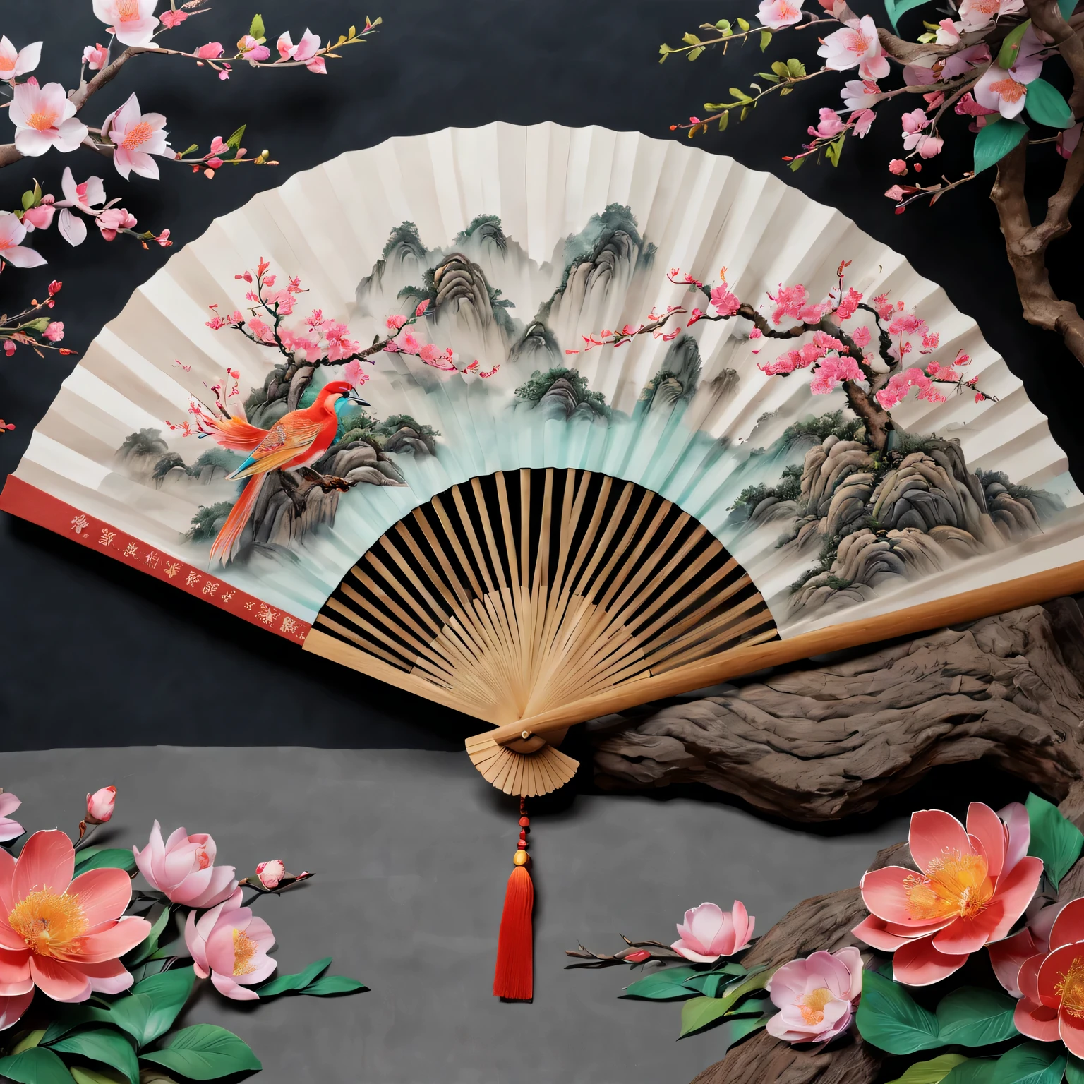 Exquisite hand-painted fan,Chinese traditional painting:1.2,beautiful spring festival,new year 2024,Colorful flower quality,4K,A high resolution,tmasterpiece:1.2),ultra - detailed,(actual,photoactual,photo-actual:1.37)