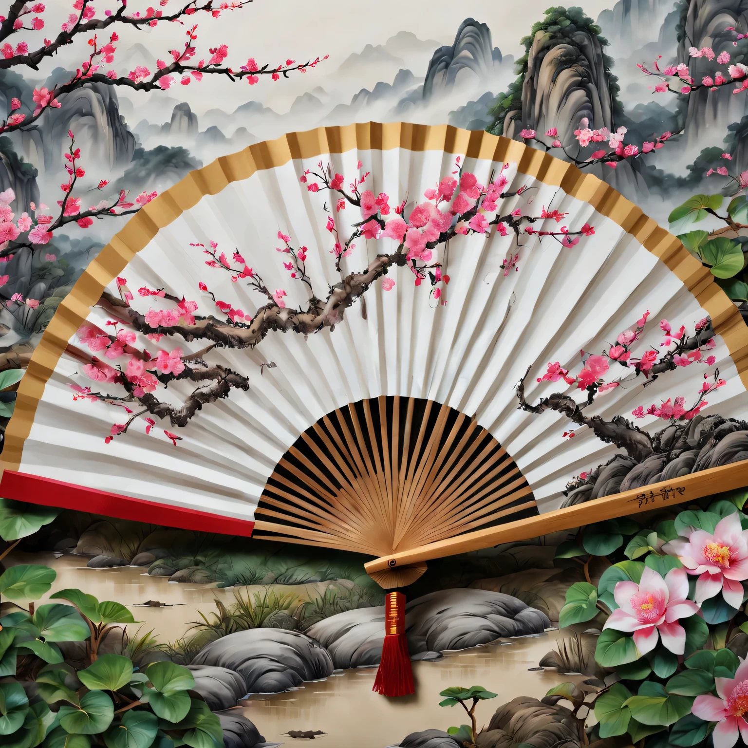 Exquisite hand-painted fan，Chinese traditional painting：1.2，beautiful spring festival，new year 2024，Colorful flower quality,4K,A high resolution,tmasterpiece:1.2),ultra - detailed,(actual,photoactual,photo-actual:1.37)