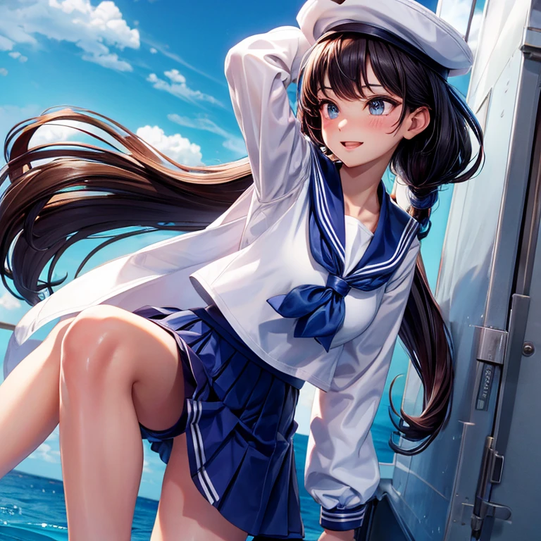 1girl，((Smooth, long brown hair fluttering in the wind，Green Eyes))，((masterpiece，Very realistic，A detailed anime wallpaper:1.4))，((Perfect Anatomy:1.2))，Cute symmetrical face，CG Unity 8k，((White Blazer Uniform，Black tie，pleated micro mini skirt，White thigh-high socks))，8K quality，Extremely sophisticated digital art，((Looking to the side and touching her hair with one hand:1.35))，Perfect cute girl，Looking at the camera with a gentle smile，A soothing smile，Very large breasts，Extremely detailed hair and face，Artistic pastel art，A pier with a beautiful night view of the big city and a starry sky，((The refreshing breeze flips up my skirt:1.25))，Professional Lighting，Supermodel，((Light blue lace side tie panties:1.09))