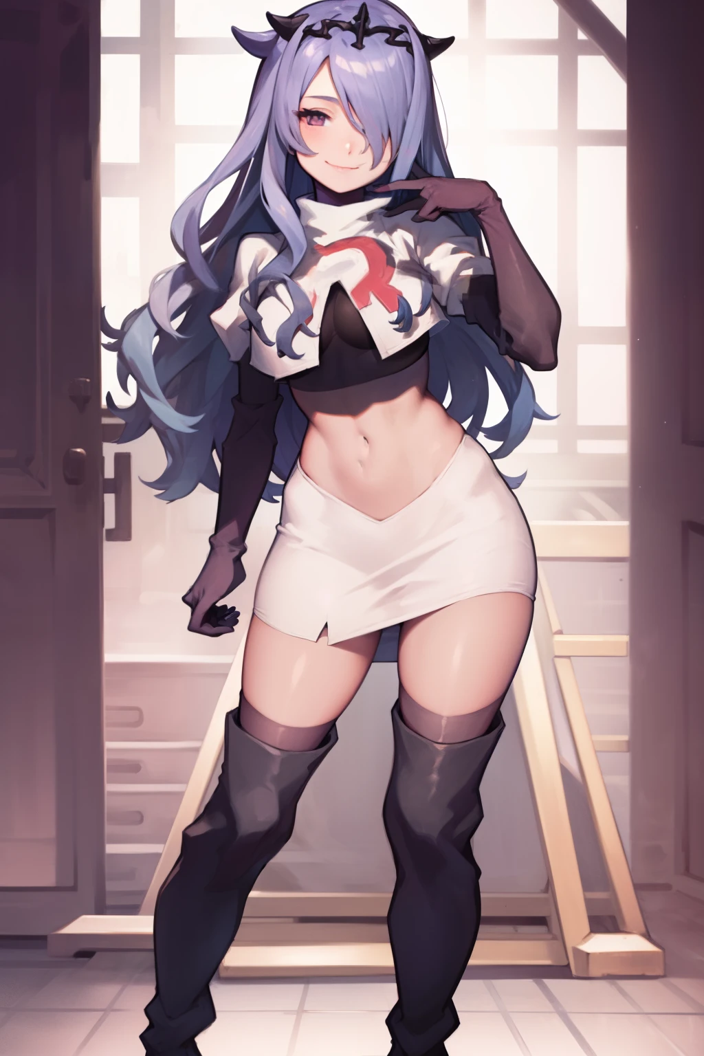 defCamilla, tiara,, team rocket uniform, red letter R, white skirt,white crop top,black thigh-high boots, black elbow gloves, smile, looking at viewer, cowboy shot,