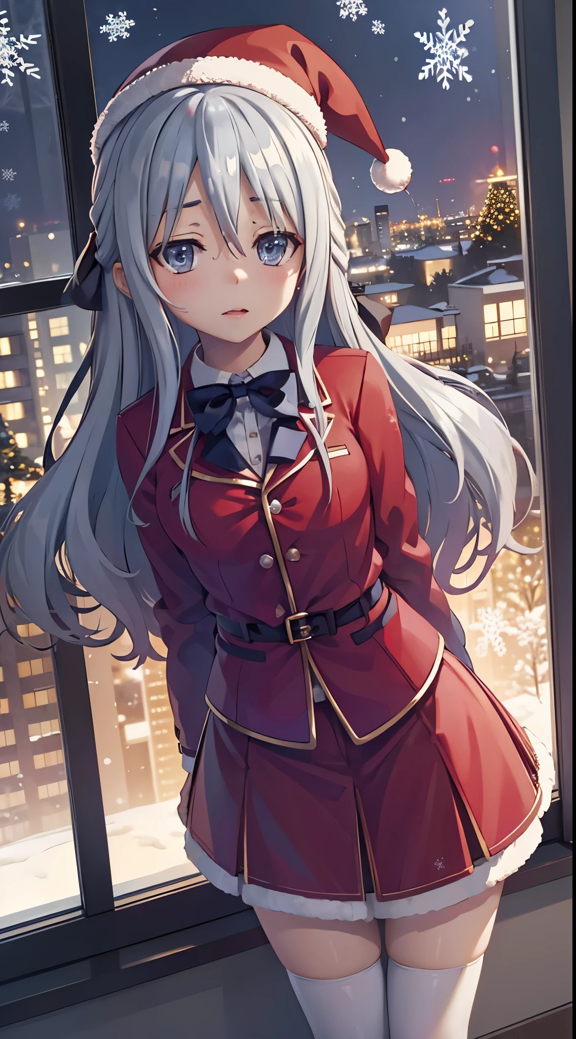 Shiina Hiyori, gray hair, masterpiece, amazing, 8k, detailed, 1girl, (from above), (stands), (looking up)), (falling snowflakes), ((Christmas hat)), ((Christmas outfit)), (hands behind her back), ((Infront of the window))