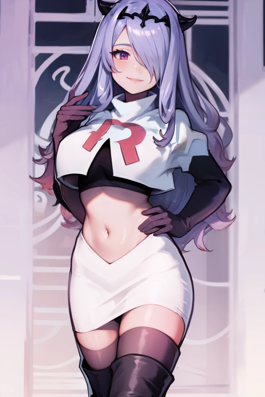 defCamilla, tiara,, team rocket uniform, red letter R, white skirt,white crop top,black thigh-high boots, black elbow gloves, smile, looking at viewer, cowboy shot,