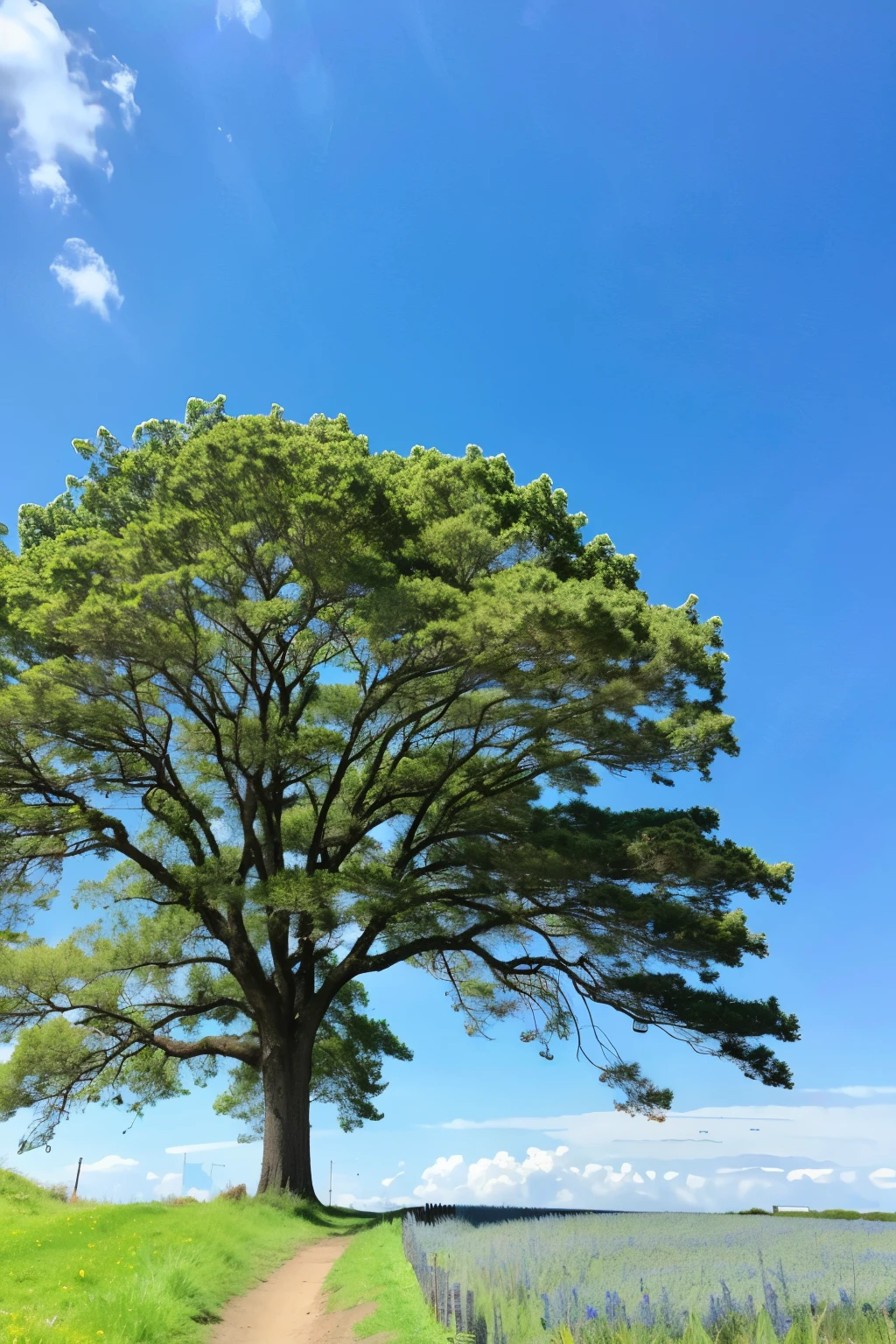 blue-sky、grass field、A big tree