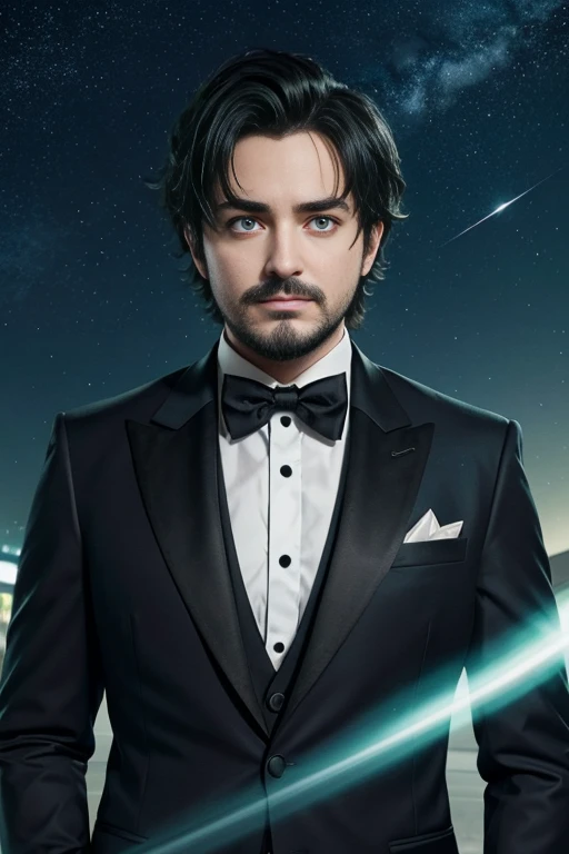 meitu, beetlejuice, anime, manga style, alex brightman starring as beetlejuice,1boy, aurora, beard, black bow, black bowtie, bow, bowtie, facial hair, formal, green eyes, green hair, male focus, mustache, night, night sky, realistic, shooting star, sky, solo, space, sparkle, star (sky), starry sky, suit, tuxedo, wlop, guweiz, meitu