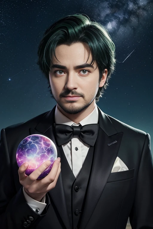 meitu, beetlejuice, anime, manga style, alex brightman starring as beetlejuice,1boy, aurora, beard, black bow, black bowtie, bow, bowtie, facial hair, formal, green eyes, green hair, male focus, mustache, night, night sky, realistic, shooting star, sky, solo, space, sparkle, star (sky), starry sky, suit, tuxedo, wlop, guweiz, meitu