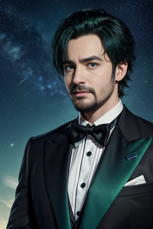 meitu, beetlejuice, anime, manga style, alex brightman starring as beetlejuice,1boy, aurora, beard, black bow, black bowtie, bow, bowtie, facial hair, formal, green eyes, green hair, male focus, mustache, night, night sky, realistic, shooting star, sky, solo, space, sparkle, star (sky), starry sky, suit, tuxedo, wlop, guweiz, meitu