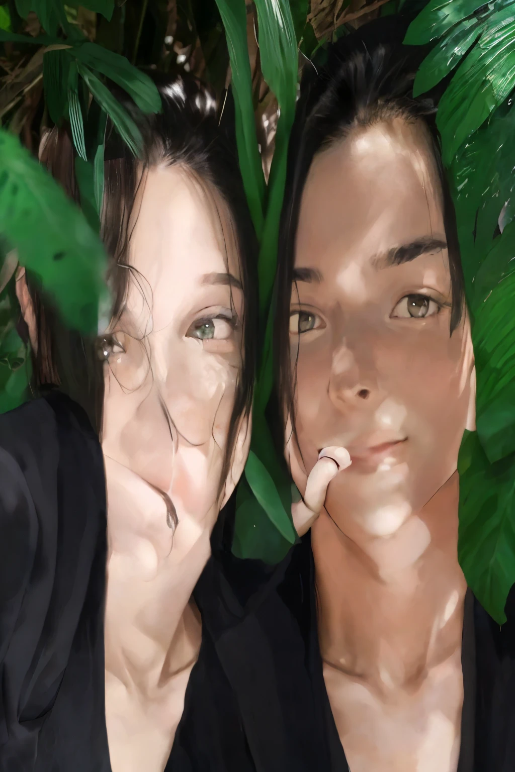 they are posing for a photo together in front of a green plant, imagem de perfil, both smiling for the camera, foto de perfilture, foto de perfil, taken in the early 2020s, imagem de qualidade muito baixa, Casal feliz, na selva, selfie shot straight on angle, they are in love, imagem do avatar, belos arredores, selfie apaixonada