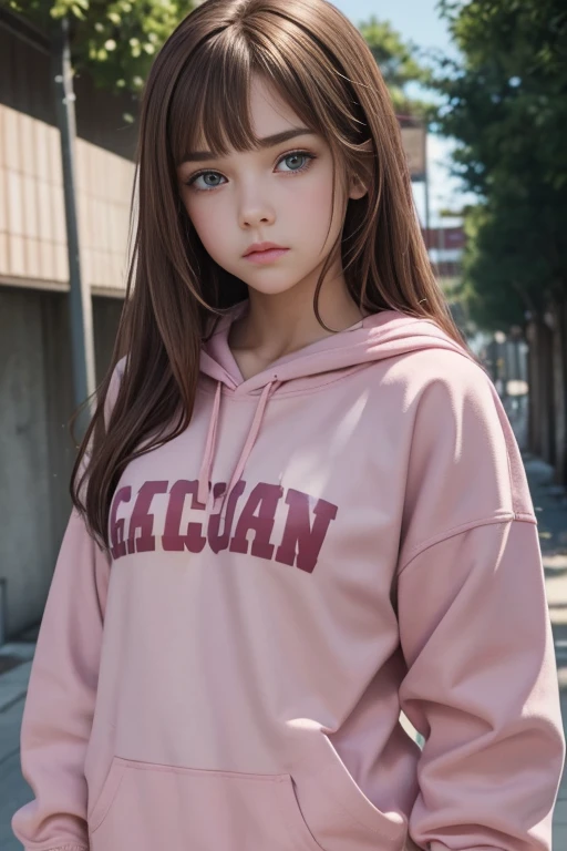 {{age female, caucasian}}, looking at viewer, hazel eyes, extremely detailed, brown hair, pink clothes, bully, mean girl, tough girl, schoolgirl, bruises, scars, happy, best quality, high quality, extremely detailed anime screencap, full body